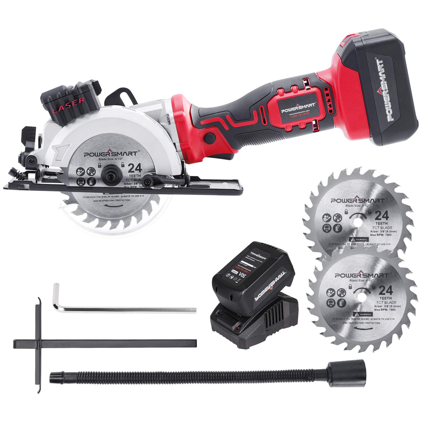 PowerSmart 20V Cordless Mini Circular Saws with 4.0Ah Battery, 4-1/2 inch, 4500 RPM, Laser Guide, 4 Saw Blades and Fast Charger, PS76138A