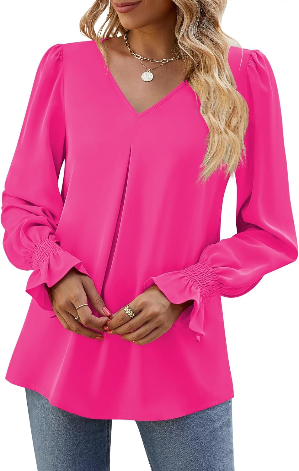 Funlingo Women's 2025 Long Sleeve Tops Dressy Casual V Neck Tunic Shirts Loose Chiffon Work Blouse - Image 4
