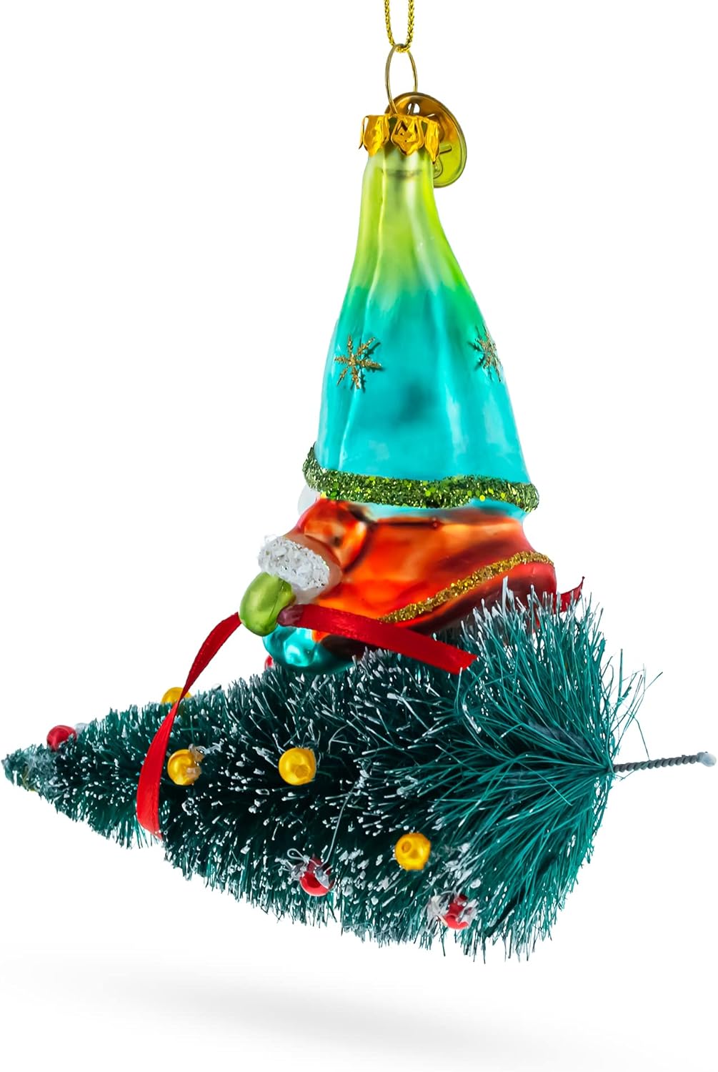 Gnome Adventurer Riding a Festive Tree Blown Glass Christmas Ornament - Image 3