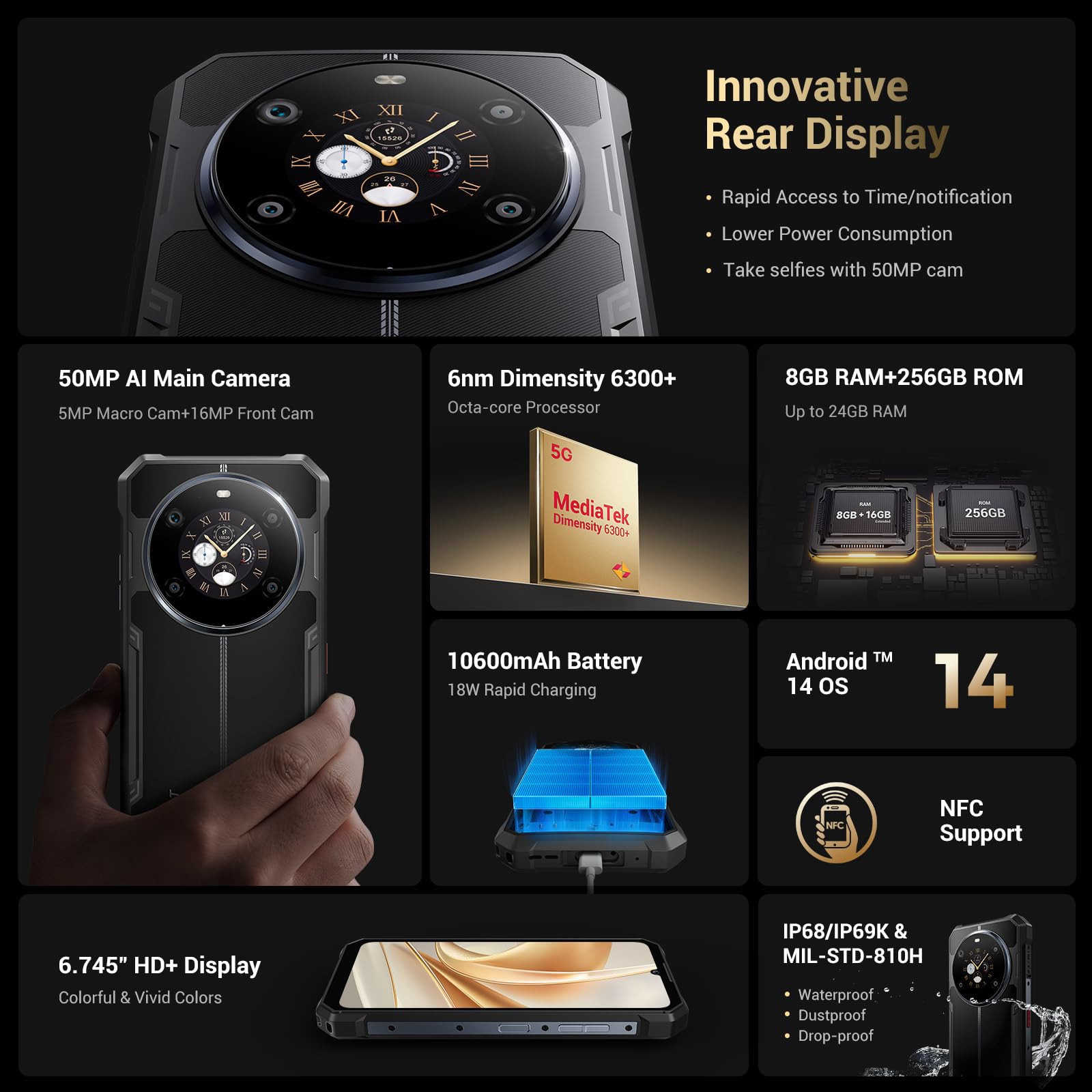 FOSSiBOT F109 5G Rugged Smartphone (2024), 10600mAh / 18W, 24GB + 256GB, Octa Core, 50MP Fotocamera + 16MP, Android 14, 6.75" Cellulari, W/ 1.32" Back Touch Screen, IP68/IP69K/NFC