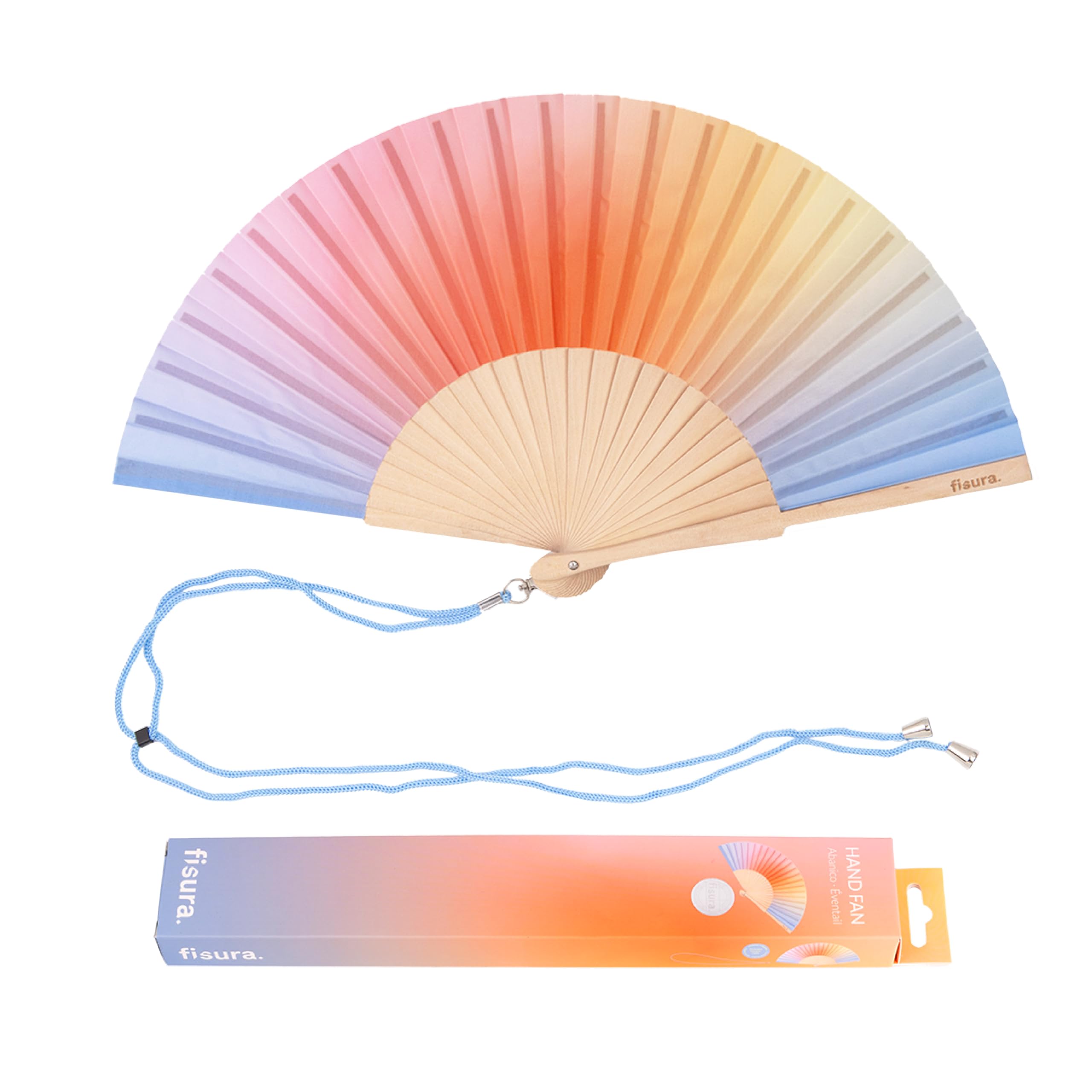 Fisura – Abanico original con estampado de ondas y rayas. Abanico de madera moderno y colorido. Ventilador de mano rosa y verde. Colgador incluido. (Degradado, azul y naranja)