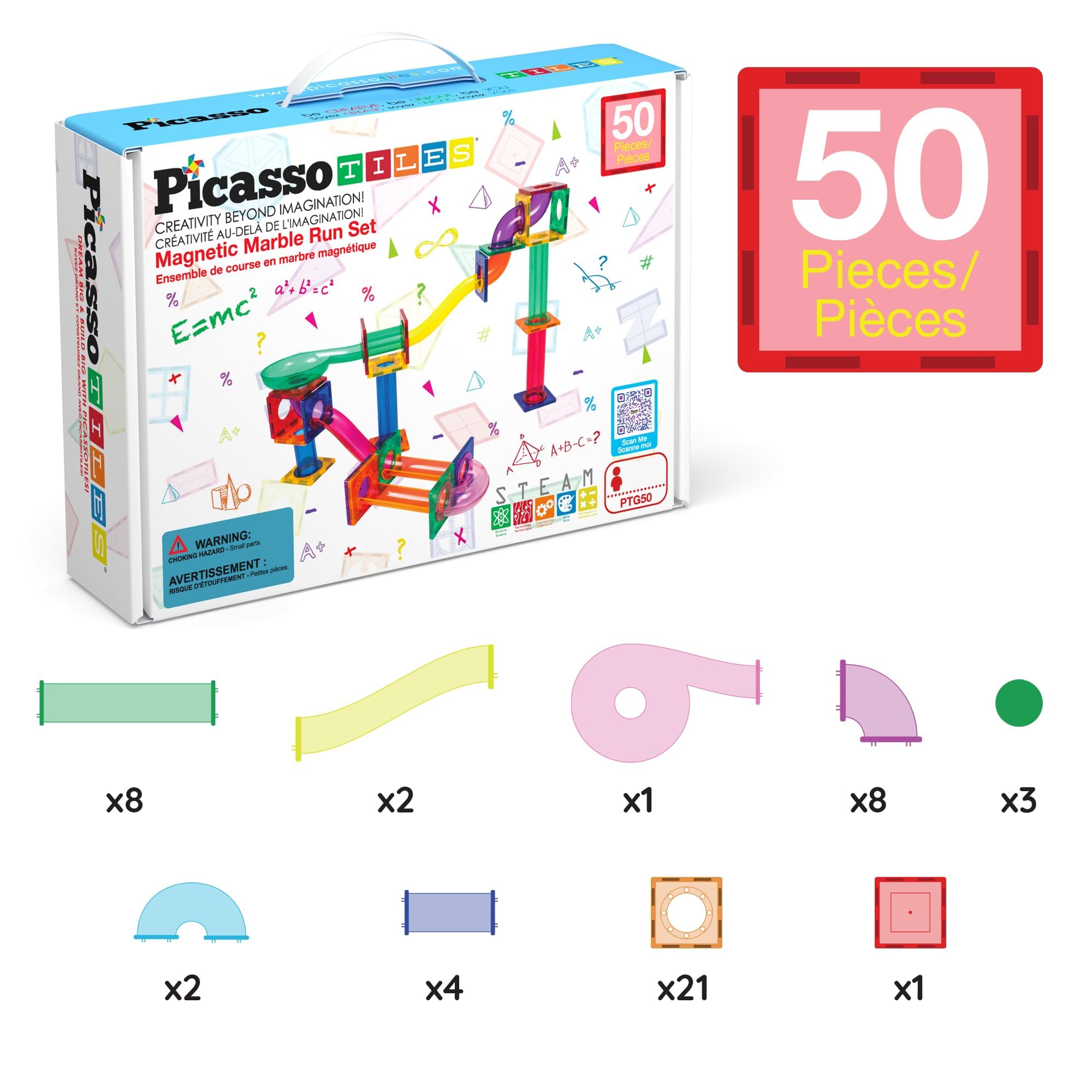 PicassoTiles Marble Run 100 Piece Magnetic Tile Race Track Toy Play Set STEM Building & Learning Educational Magnet Construction Child Brain