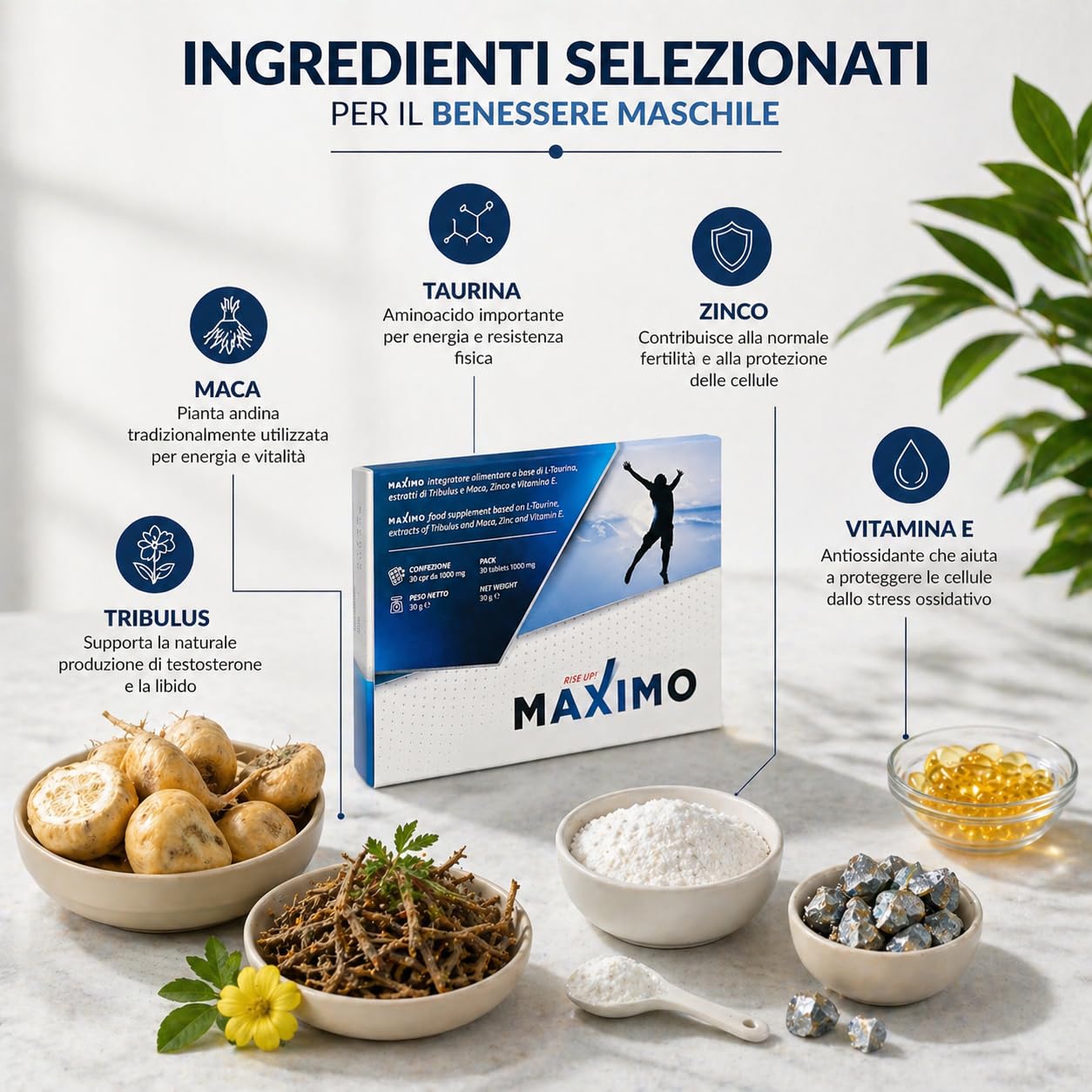 MAXIMO RiseUp Integratore Energia e Vitalità | Maca, Taurina, Zinco e Vitamina E | Supporto al Metabolismo Energetico | 30 Compresse Senza Glutine e Lattosio