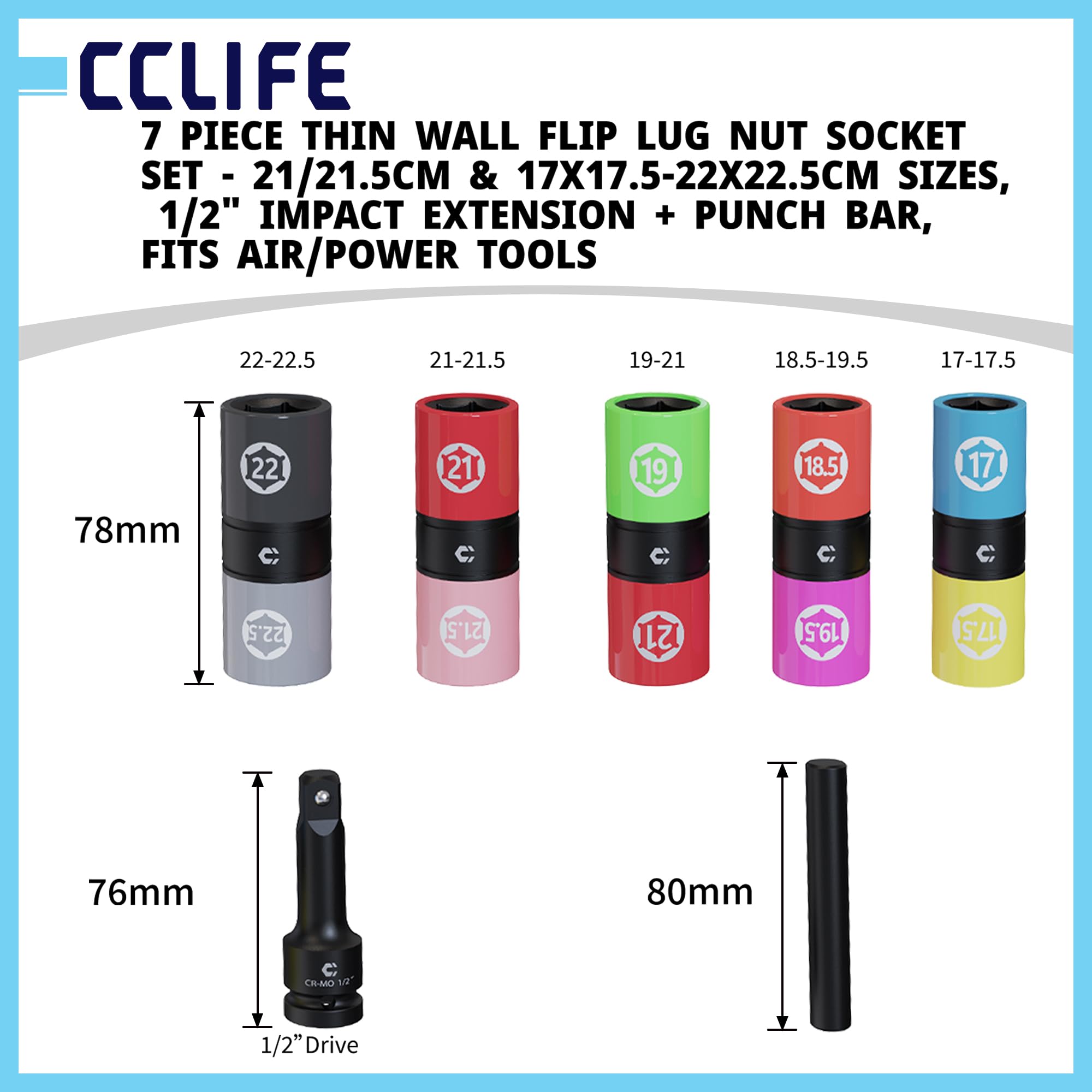 CCLIFE Odwracalny zestaw nakrętek nasadowych do kół, 7-częściowy 1/2 cala, napęd 17-22,5 mm, Flip Socket do wymiany opon i konserwacji kół