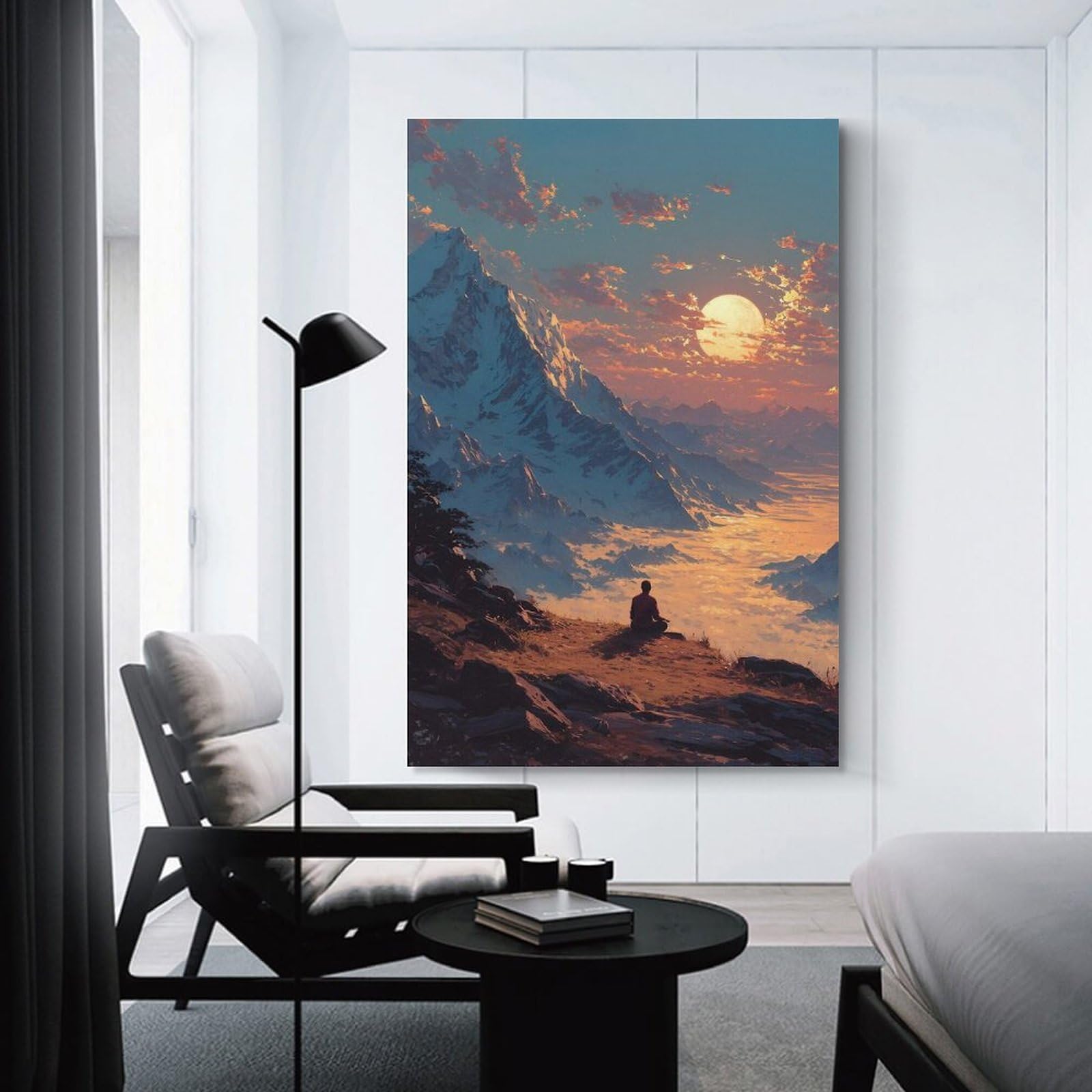 Junmoney Hanging Wall Art Mountain Meditation at Sunset, 20x30inch(50x75cm), for Work Areas, Reading Rooms Or Studios, Wall Art That Adds Style to Work Areas
