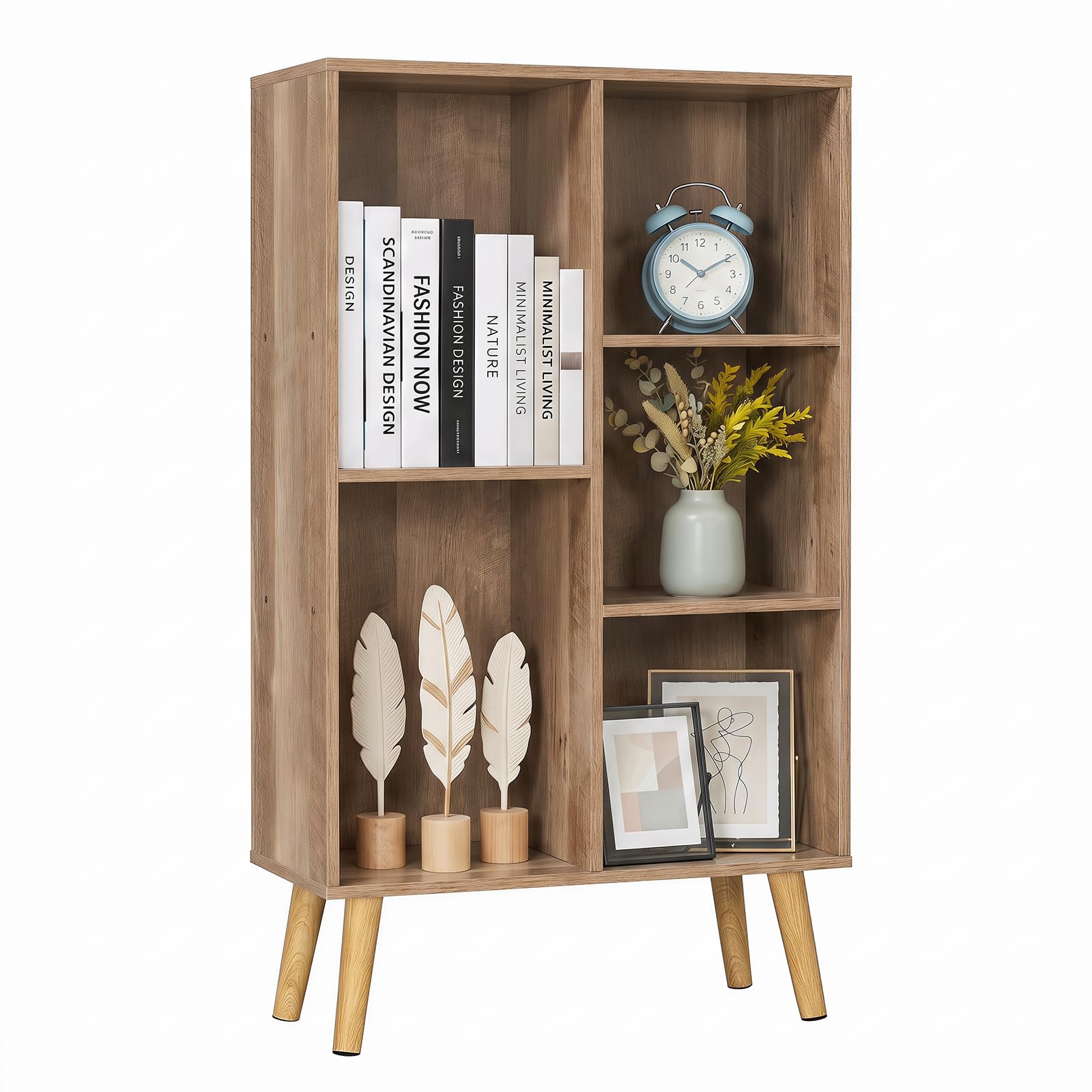 YAHARBO Small Yellow Narrow Bookshelf,4 Tier Modern Bookcase with Legs,Bookshelves Wood Storage Shelf,Rustic Book Shelves Cube Organizer,Display Bookcase