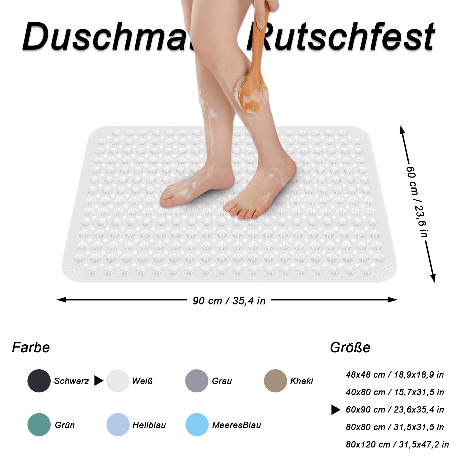 Tappetino Doccia, 60 x 90 cm Tappeto Doccia Quadrato Lavabile in Lavatrice con Ventosa, Tappeto Doccia in PVC Antiscivolo, Tappeto Massaggiante Antiscivolo, incl. 2 Ganci, Bianco