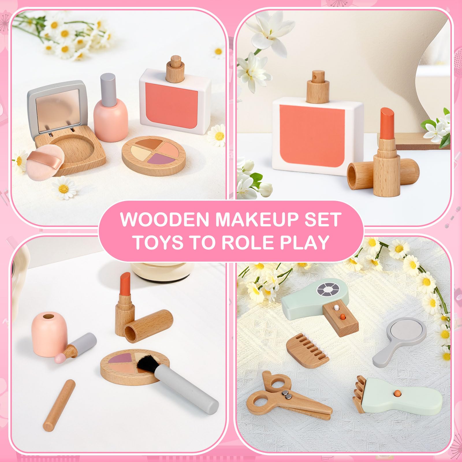 Set Maquillaje de Madera Niña,Juguetes de Belleza de Madera,Juguete de Maderas Juego de rol,Kit de Maquillaje Feating con Bolsa Comestic Accesorios Regalo Cumpleaños para Niños 3 4 5 6 Años
