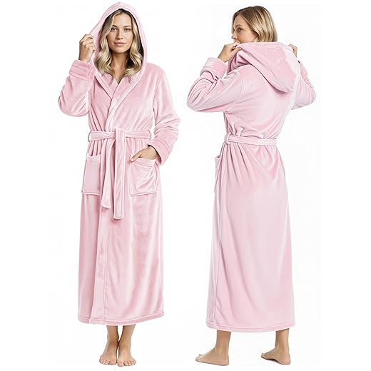 NY Threads Roupão feminino premium com capuz, roupão de banho longo de lã de pelúcia para mulheres, roupão de banho feminino macio e fofo, pequeno, rosa claro