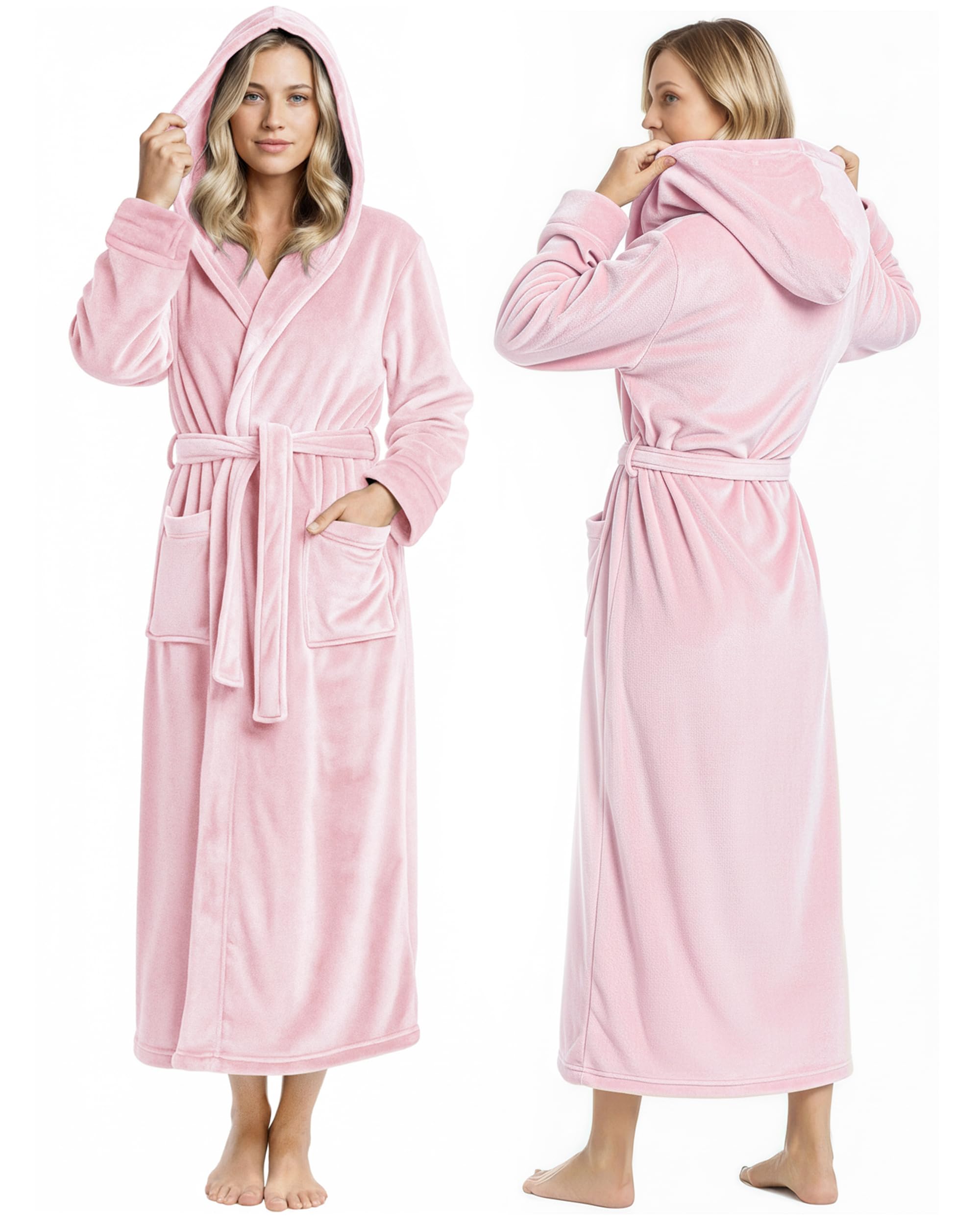 NY Threads Premium Womens Robe with Hood, Plush Fleece Long Bath Robe for Women, Fluffy Soft Women's Bathrobe, X-Large, Light Pink