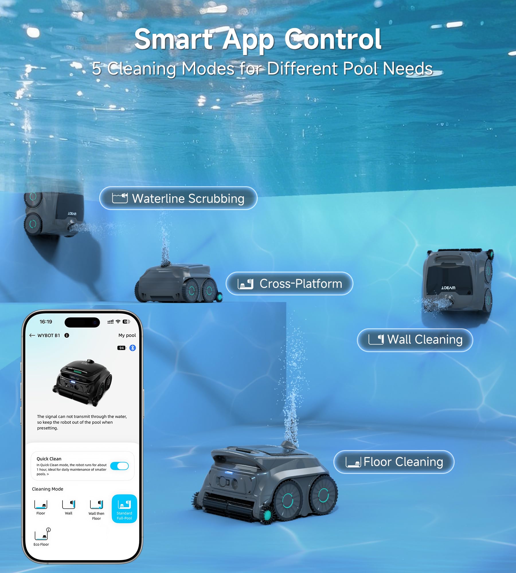 WYBOT OS600 Poolroboter Akku Für Wand Und Boden, Kabelloser Poolroboter Mit 120 Min Laufzeit, Intelligente Navigation, Auto-Park Für Inground- Und Aufstellpools,Nebel-Hellgrün