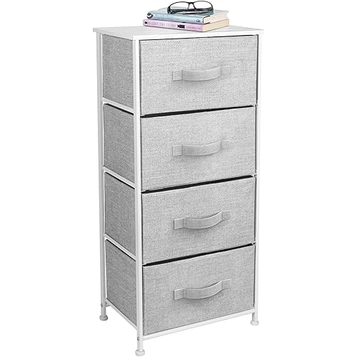 Sorbus Dresser with 4 Drawers - Tall Storage Tower Unit Organizer for Bedroom, Hallway, Closet, College Dorm - Chest Drawer for Clothes, Steel Frame, Wood Top, Easy Pull Fabric Bins (White/Gray)
