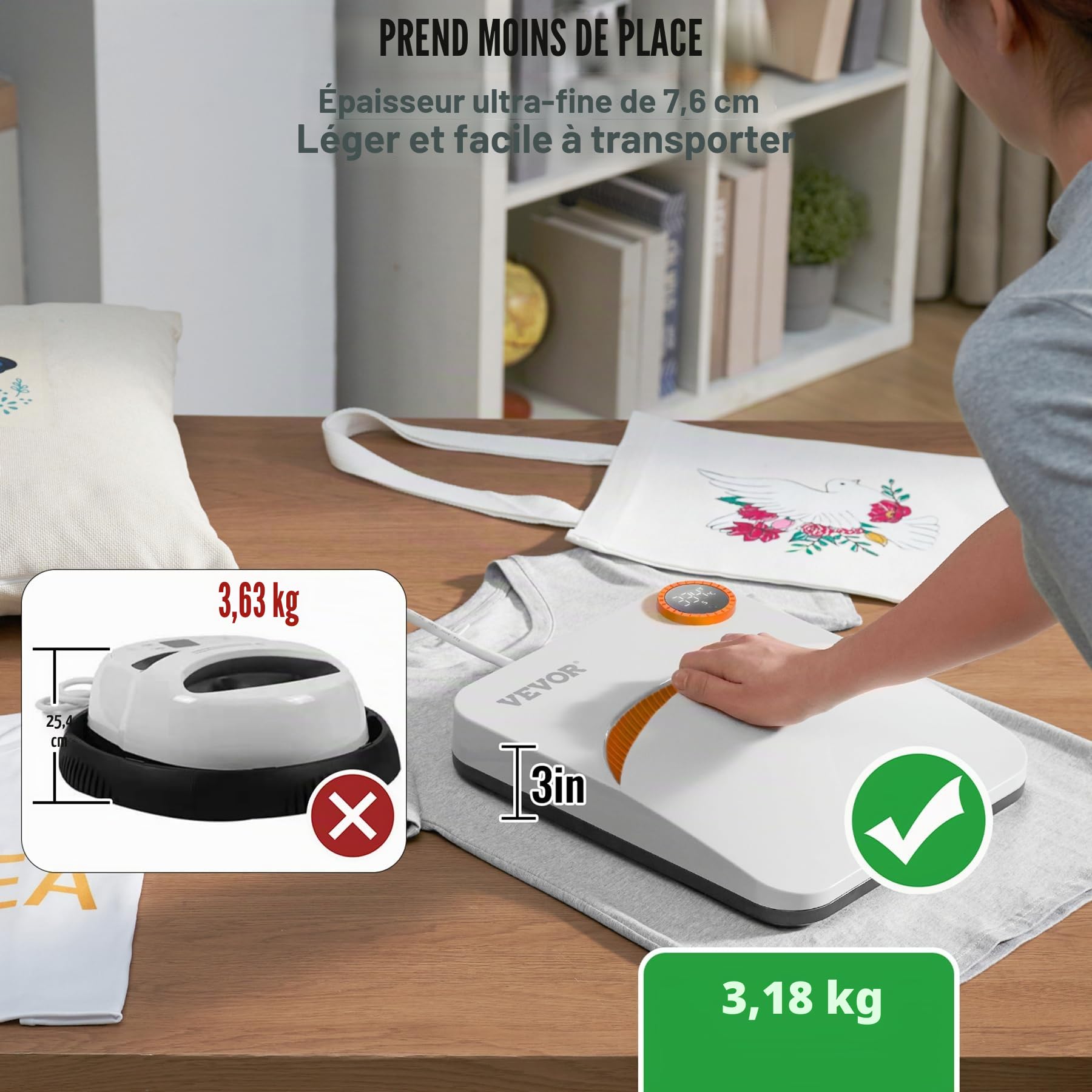 VEVOR 2 en 1 Presse à Chaud Portable et Fer à Repasser Machine de Sublimation Textile 30x25 cm Machine d'Impression 750 W Presse à Chaleur Réglage Facile Transfert Efficace Imprimante pour T-shirts