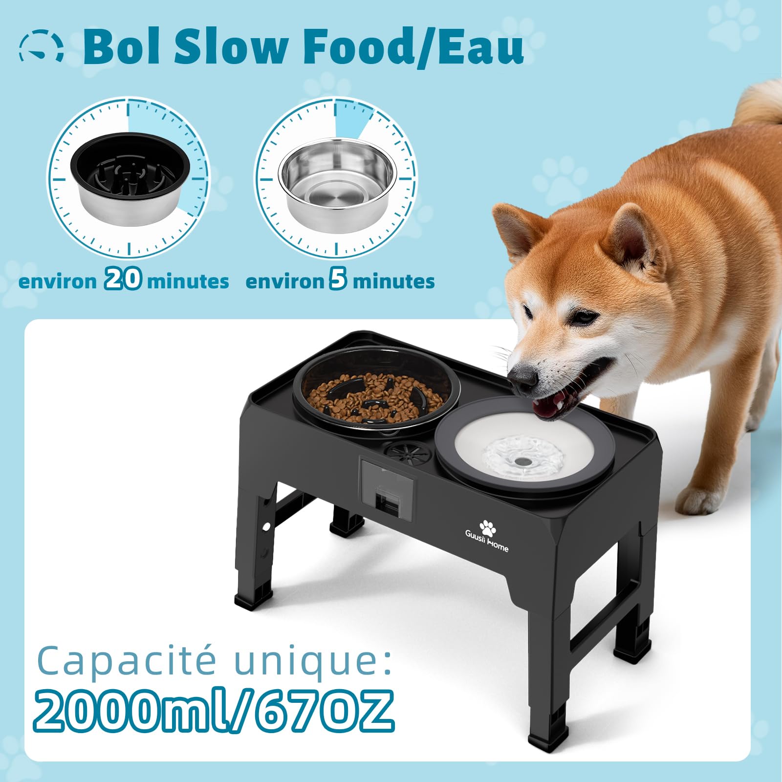 GUUSII HOME Gamelle Surélevée pour Grand Chien - Porte Bol Haute INOX - Bar à Gros Chien Moyen Chiot - Hauteur Réglable 43.5 * 24.4 * 12/25.7/29.7/33.7cm 2000ml