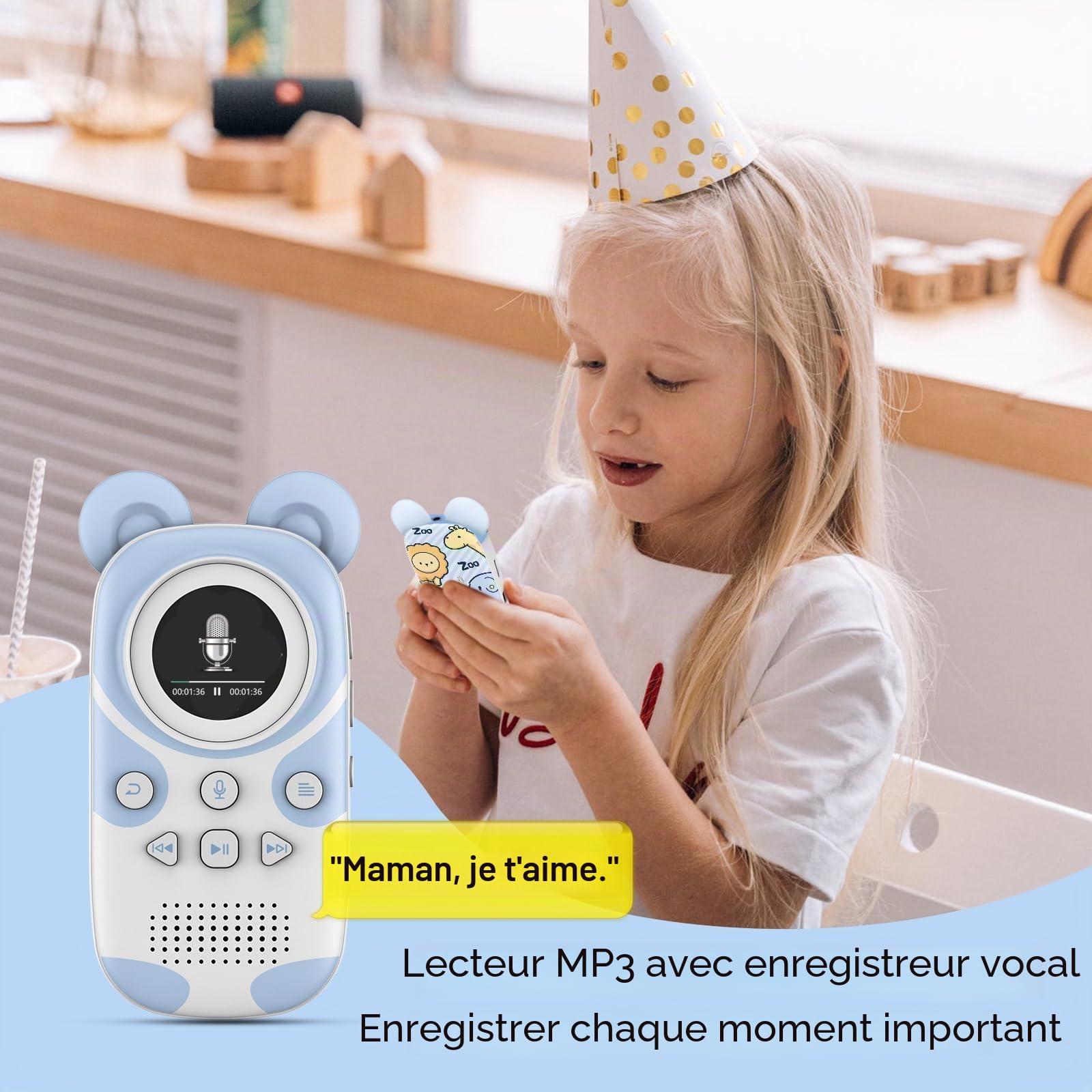 Lecteur MP3 Enfants Bluetooth 5.3 64GB avec Radio FM, Réveil, Enregistrement, Chronomètre