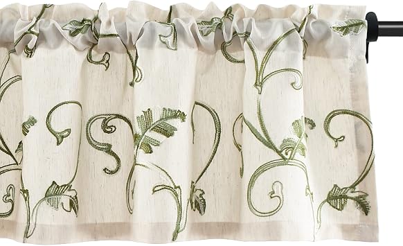 Green Vine Embroidered Kitchen Valance, 52 x 14 Inches | Rod Pocket Top, Light Filtering, 1 Panel, Farmhouse Style, Easy to Hang, for Bedroom and Living Room Windows