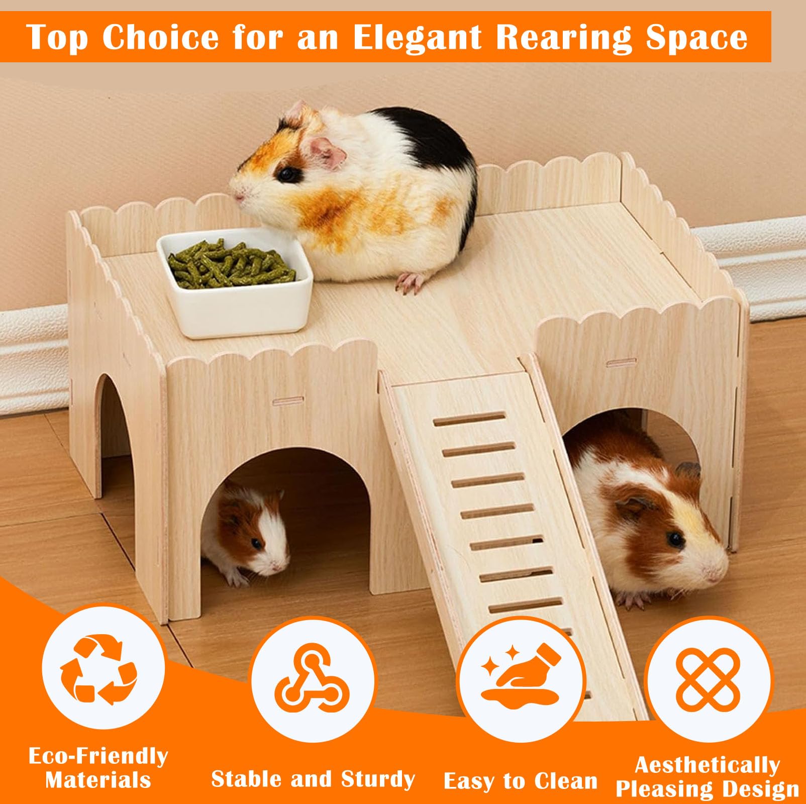 Cabane Cochon d'Inde Bois Massif 4 Entrées avec Rampe Détachable, 38x25x18cm Maison en Bois Naturelle Petits Animaux de Compagnie, Accessoires Jouets pour Hamsters, Nains, Chinchilla, Lapins