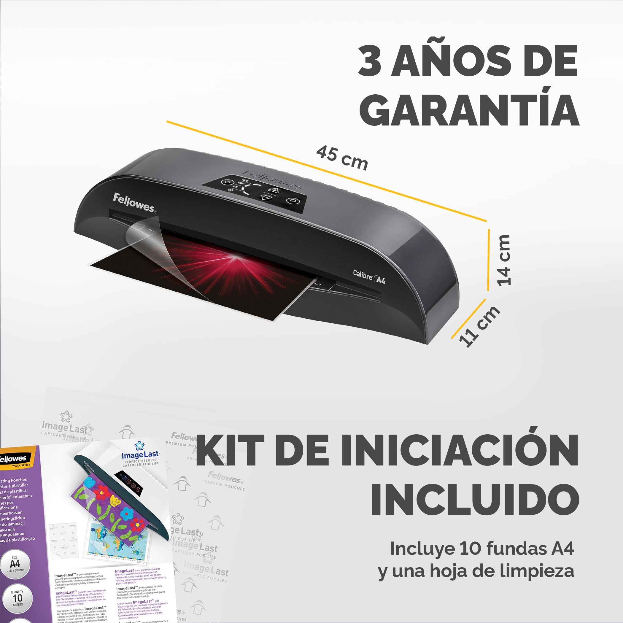 Fellowes Plastificadora A4 Calibre para pequeñas oficinas, 1 minuto de calentamiento con apagado automático y modo de reposo - 80-125 micras, Incluye 10 fundas de plastificación A4, Negro