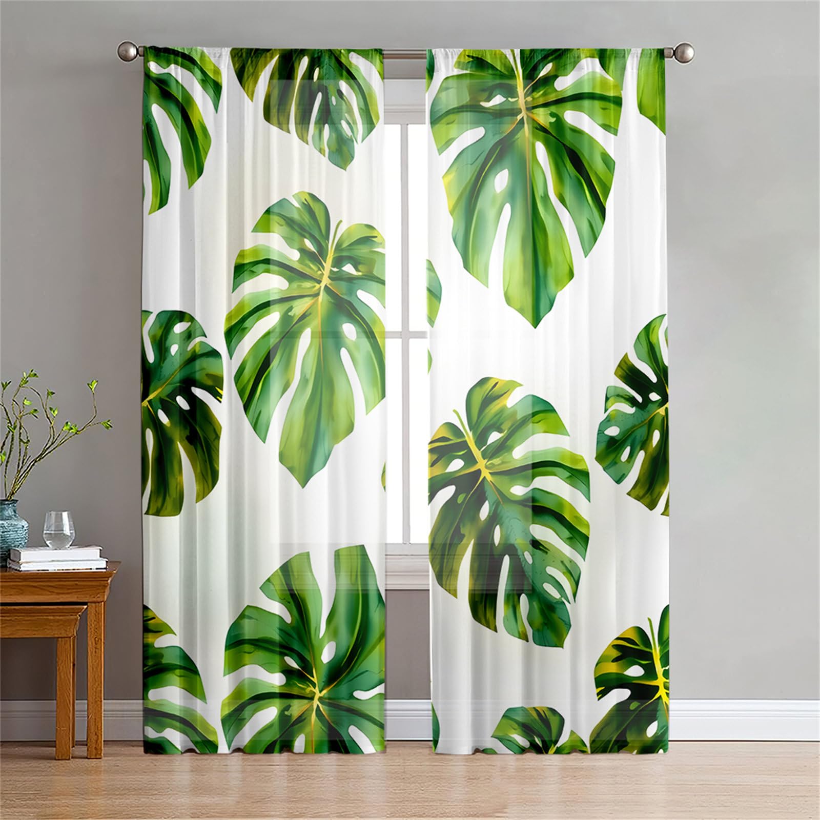 Surwin Net Curtains for Windows, Voile Curtain, 2 Panels Tropical Landscape with Eyelets, Semi Transparent Lightweight Voile Panel for Living Room Bedroom Balcony Decorative (Green 1,W132xH213cm)