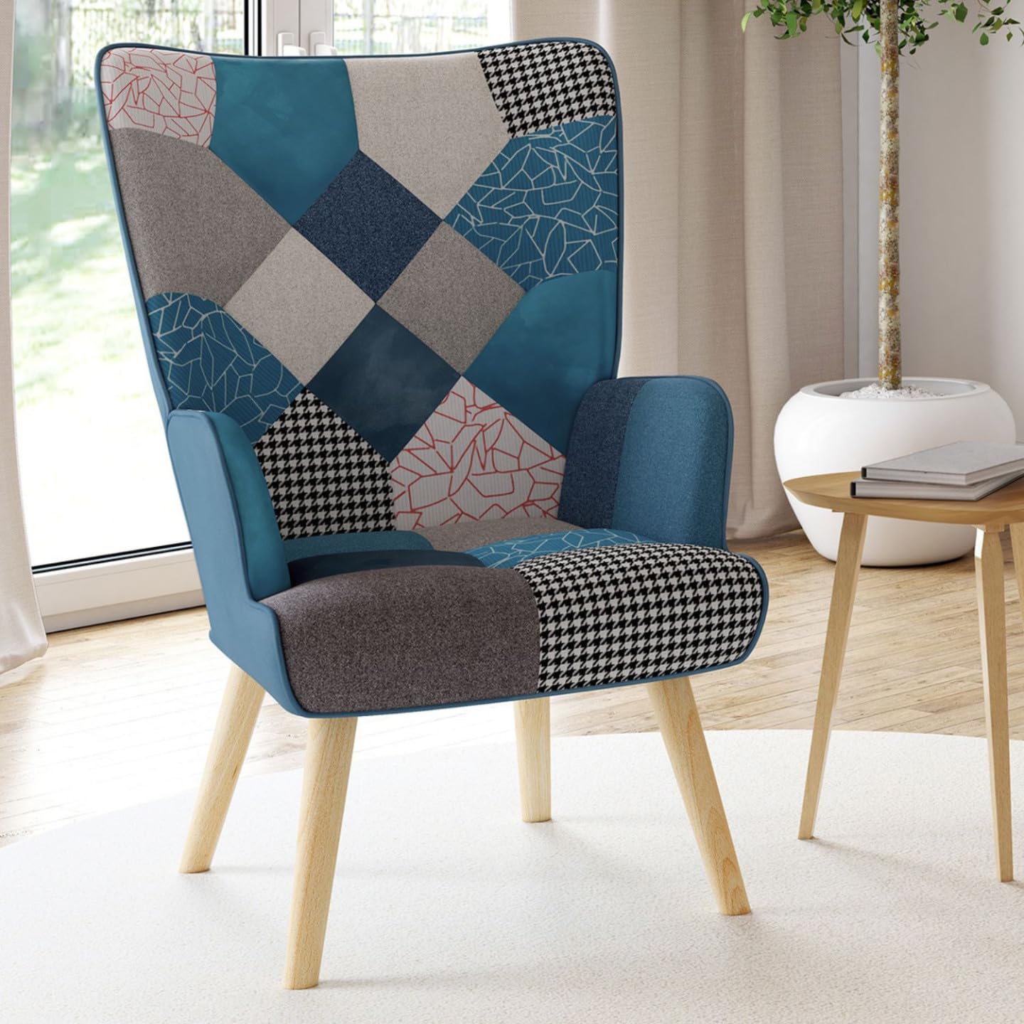 IDMarket - Fauteuil scandinave Ivar en Tissu Patchwork et Velours Bleu