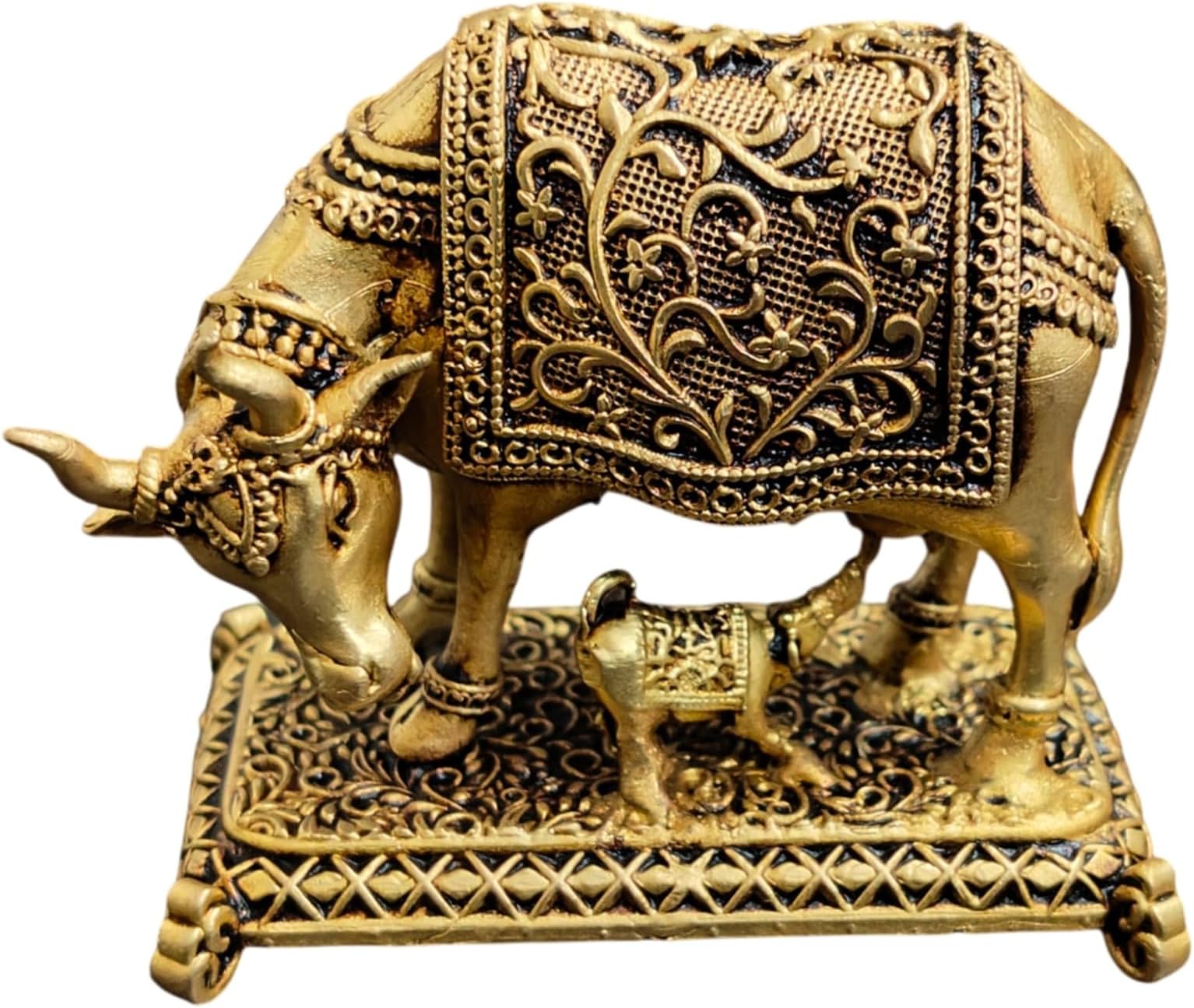 Sacred Cow and Calf Statue 2.25”inch – Brass Kamdhenu Cow Murti Sculpture for Home & Office Décor | Hindu Auspicious Idol, Collectible Statue & Good Fortune Gift