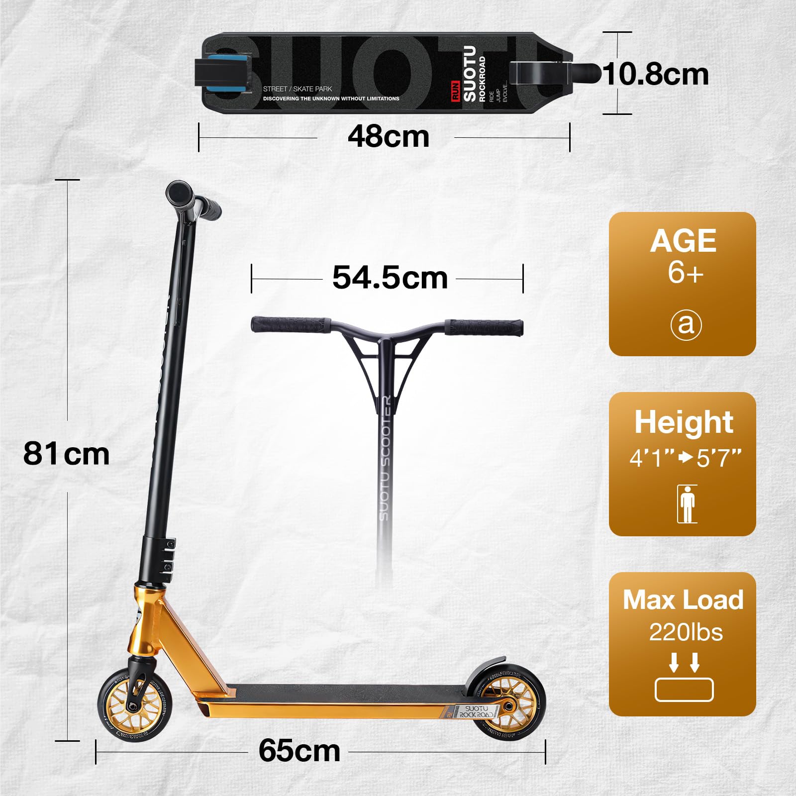 Trottinette Freestyle, Direction à 360°, Stunt Scooter avec Roues en PU 85A 110 mm, Trotinette pour Enfants Adolescent Adultes, Capacité de Charge: 100 kg, Aluminium (Noir – Or)