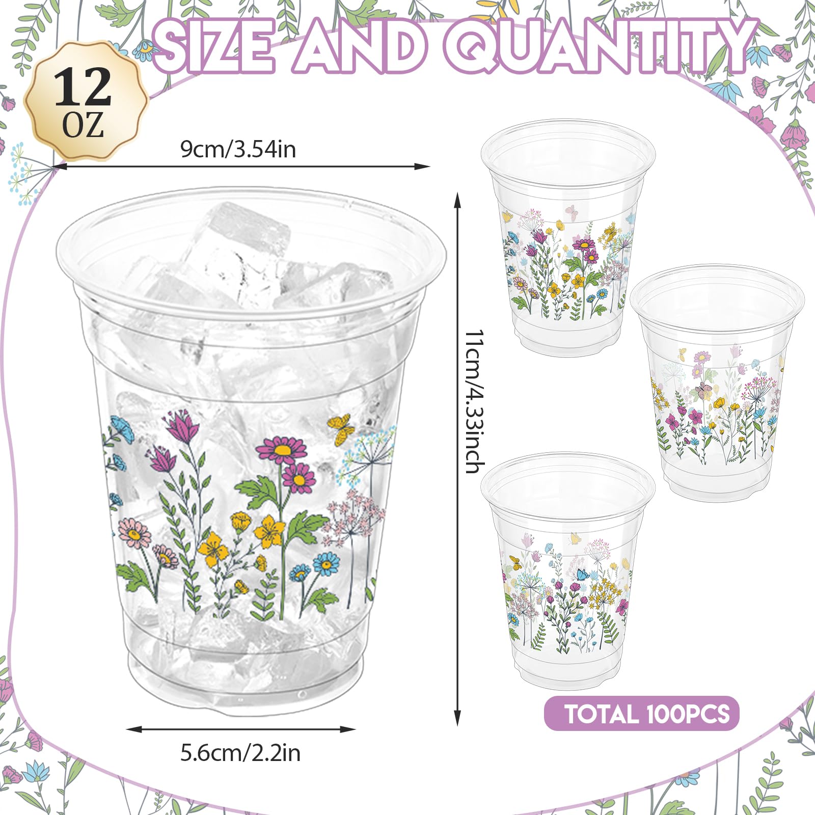 ZCPTZ 100 Pcs Wildflower Plastic Cups 12 oz Floral Party Cups Vintage Floral Drinking Cup Flower Spring Summer Disposable Cup for Spring Groovy Party Wildflower Baby Shower Birthday Supplies