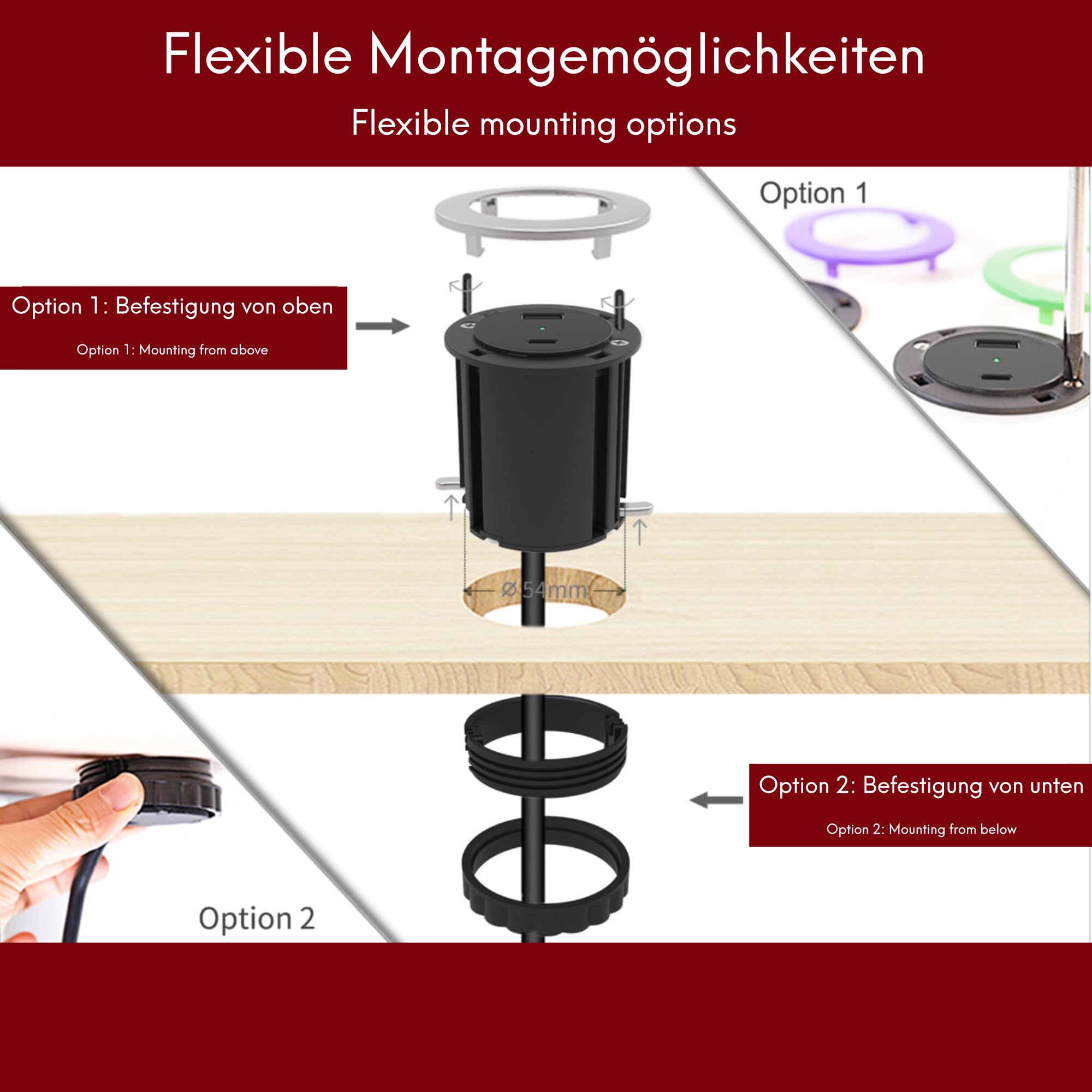 kalb USB-C Einbausteckdose HUB Tischsteckdose rund für Arbeitsplatte Wand und Möbel mit EU-Schutzkontakt-Stecker 5VDC max. 45W