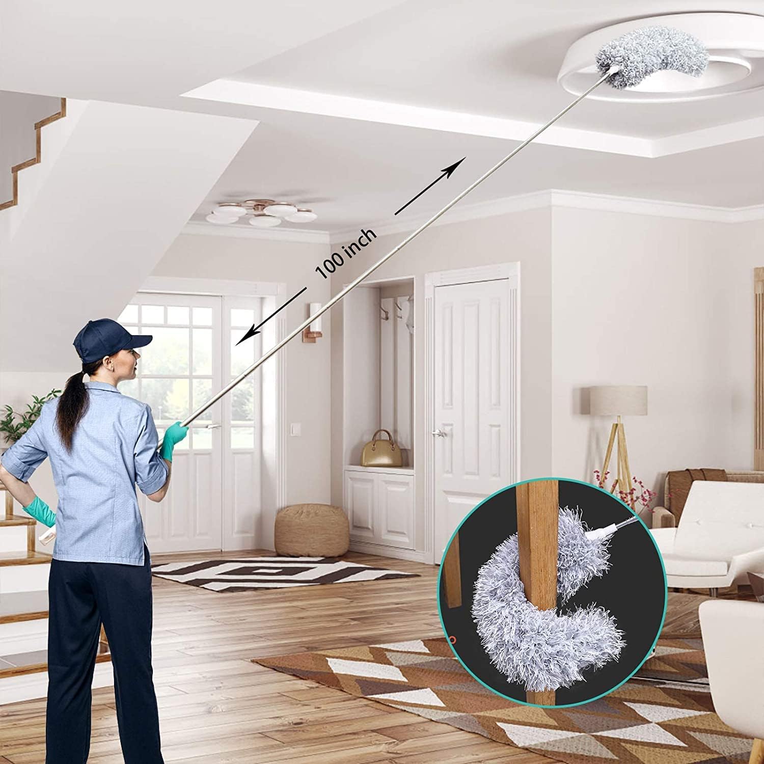 SPAREQUE Microfiber Duster for Cleaning with Extension Pole 30-100 Inch,with Bendable Head. Cleaner with Long Extendable Handle for Cleaning High Cobweb,Ceiling Fan,Blinds,Furniture 2