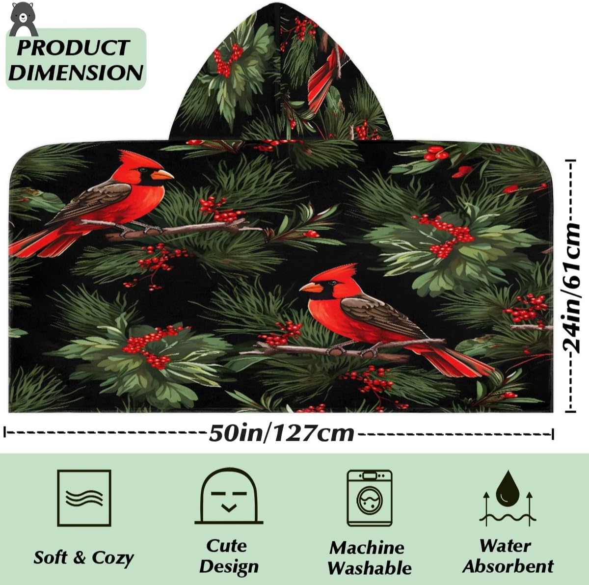 Kid Bath Towels Cardinal Bird Branch Kids Towel with Hood for Girls Boys Beach Towel Pool Cover Up Soft Absorbent Toddler Hooded Bath Towel for Shower, Beach