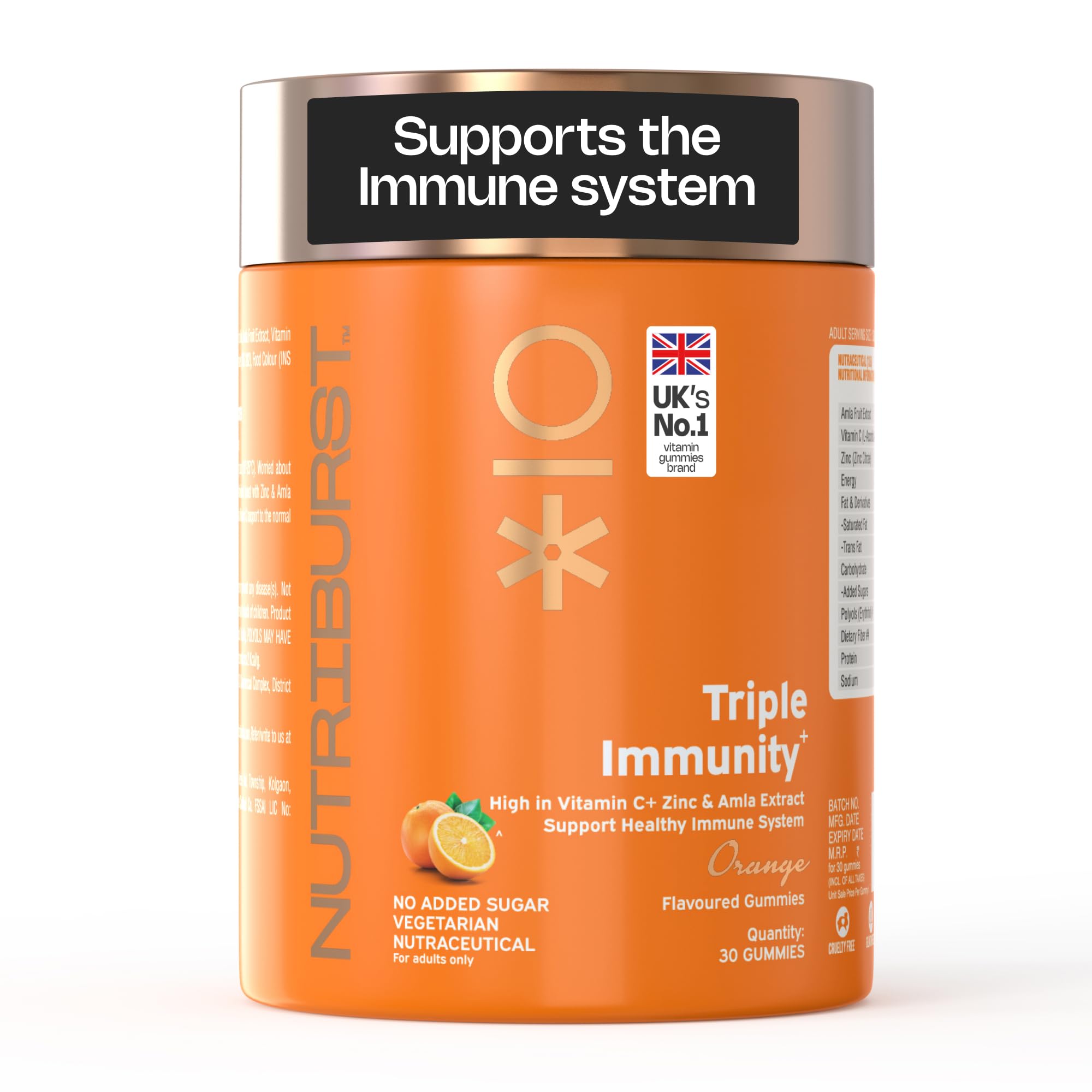 Triple Immunity Gummies with Vitamin C, Zinc and Amla extract | No-Added Sugar | Orange Flavor | 100% Vegetarian | 30 Gummy