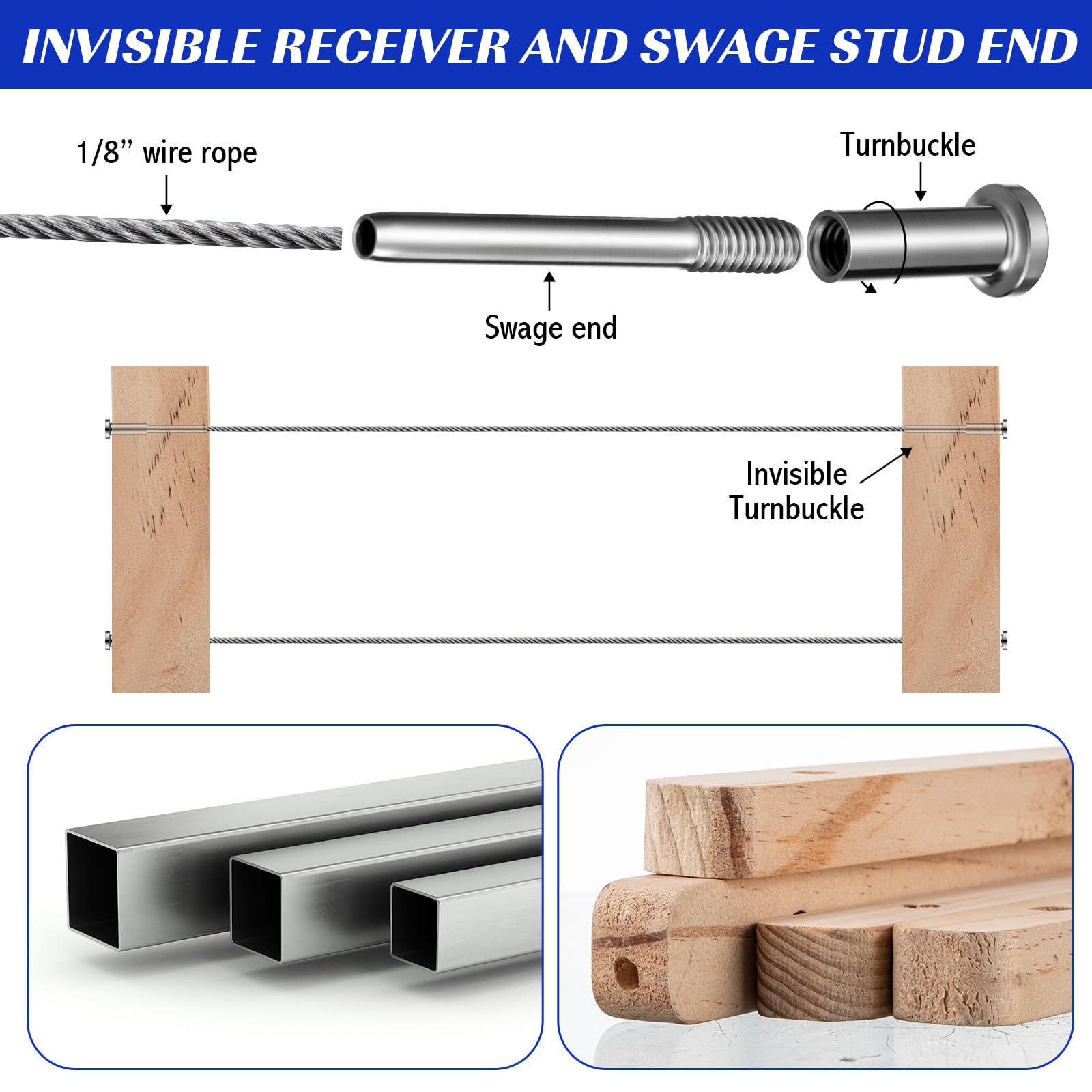Blulu Kit di 60 cavi invisibili, in acciaio inox T316, ricevitore invisibile da 0,3 cm e estremità a perno a pressare, tenditore da 1/8" per pali in legno/metallo, hardware (argento)