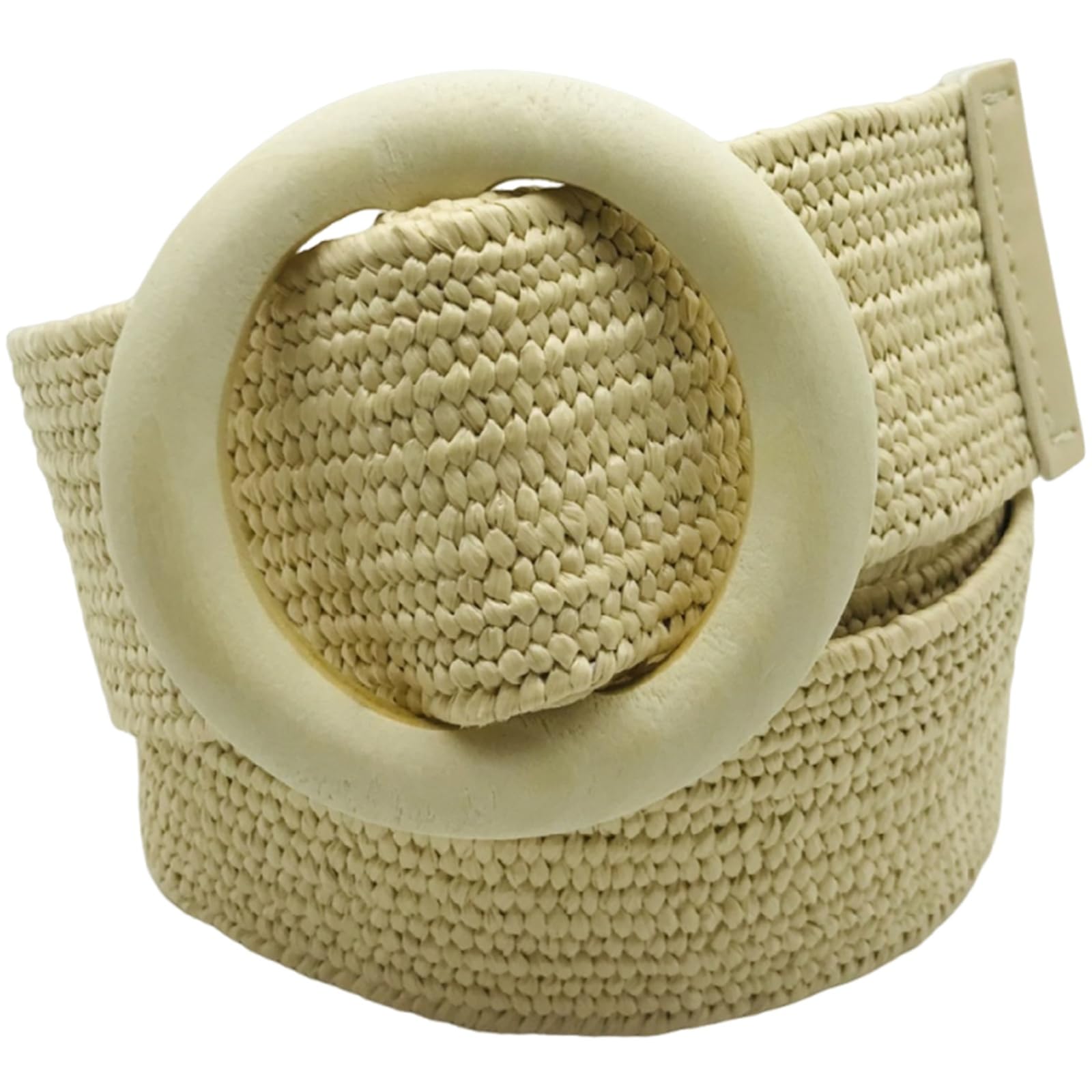 AGUTALITHIC Womens Straw Braided Belt 4.8cm Wide Soft Woven Rattan Waist Strap with Wooden Round Buckle for Causal and Dress(100cm/39, White)