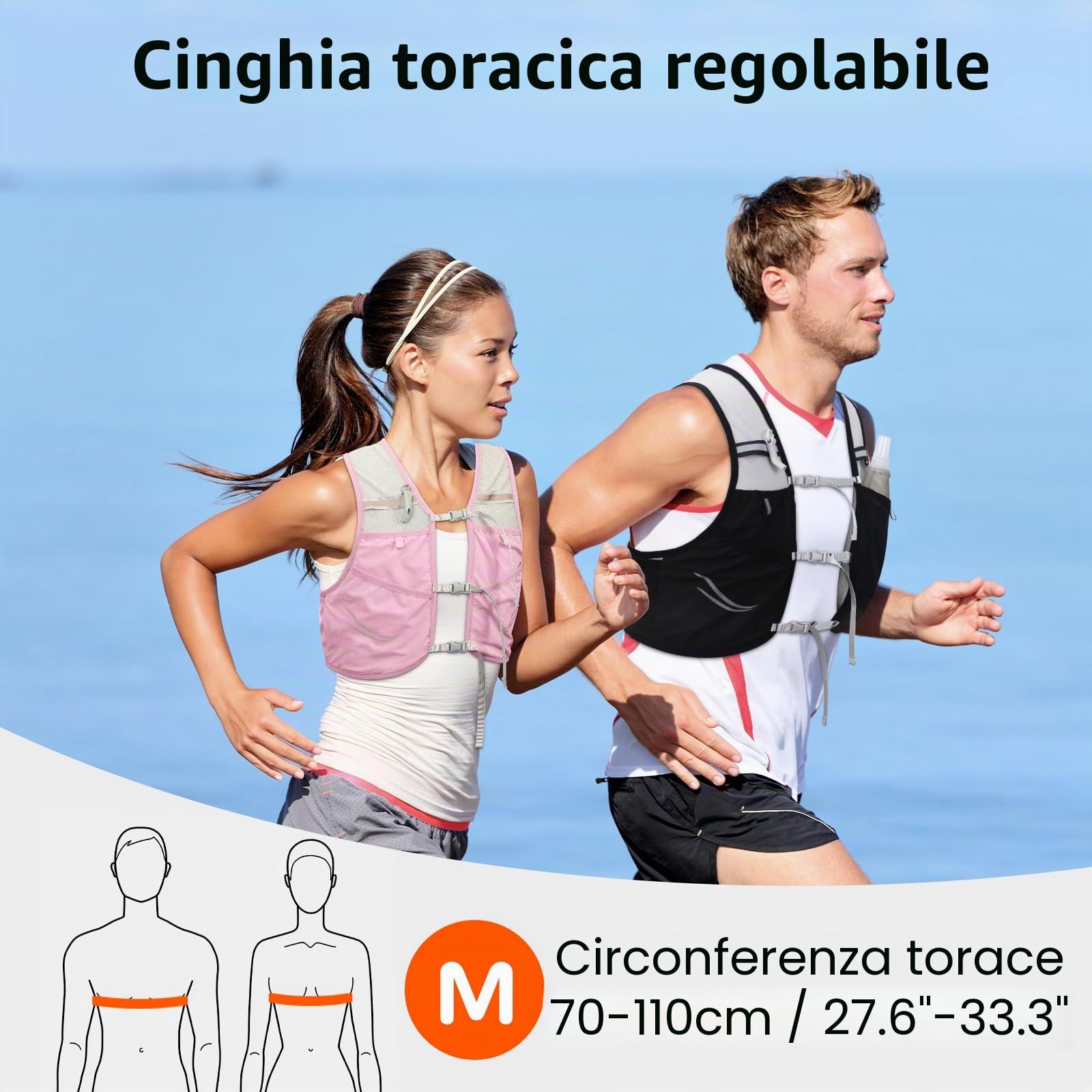 Gilet Idratazione con 2 Borraccia Running Morbido 500ml, Gilet Running Uomo Leggero, Gilet Corsa con Strisce Riflettenti, Zaino Trail Running per Sport Ciclismo Maratona Campeggio