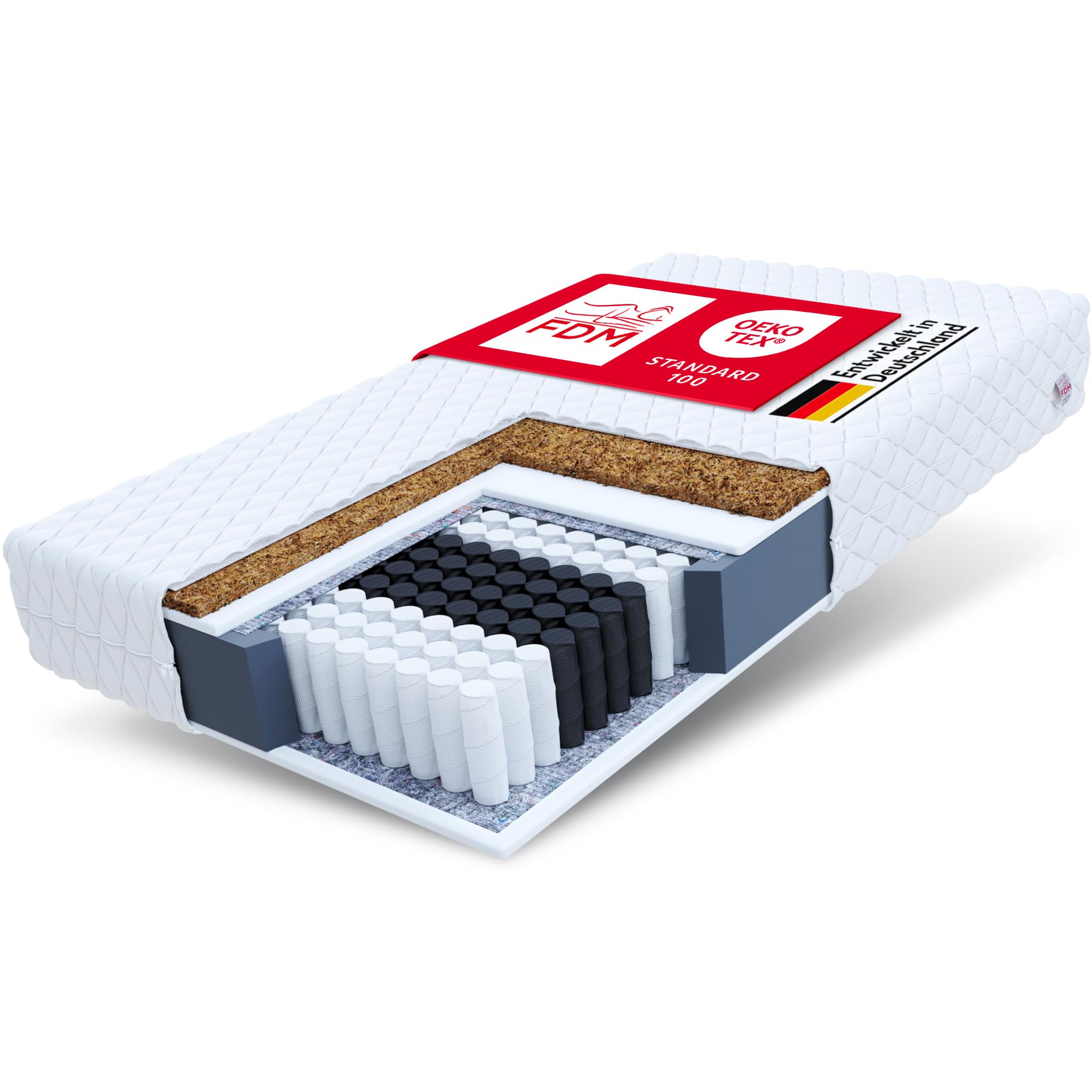 FDM Family Taschenfederkernmatratze 90 x 200 cm – 7-Zonen, Kokos, Härtegrad H4/H3, zweiseitig Bezug
