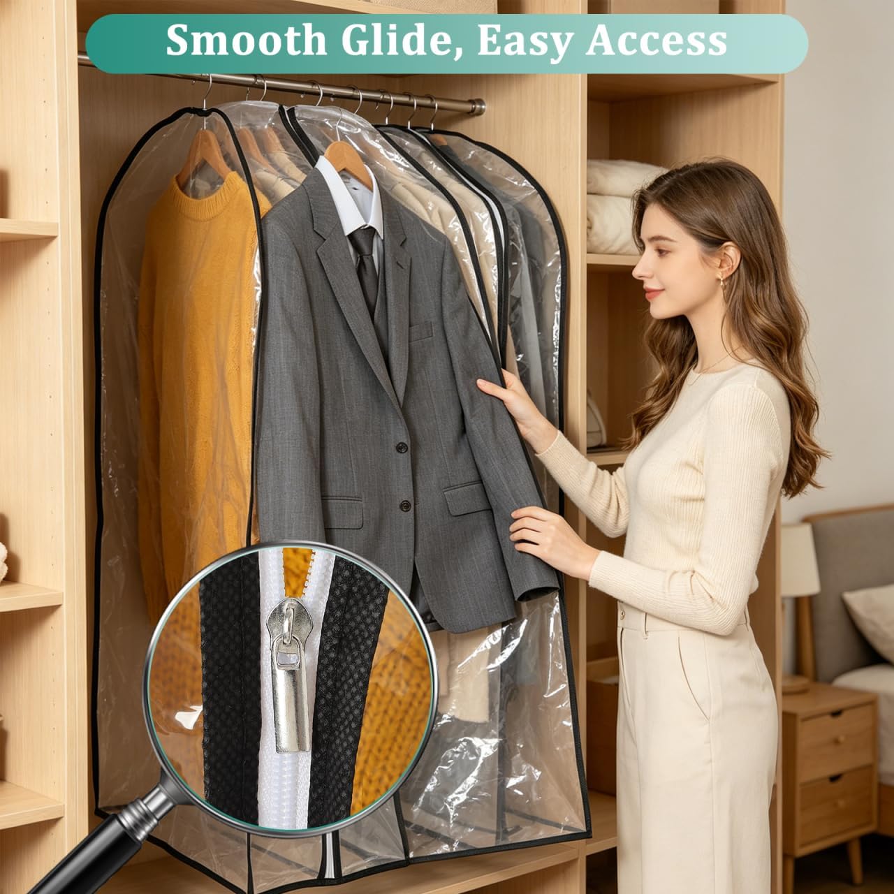 GLEAVI 6 Pack Garment Bags for Hanging Clothes, (3x40" & 3x50") Gusseted Clear Closet Storage Bags, Breathable Non-woven Back & Peva Front Coat Protector with Overlapping Dustproof Top for Dress,