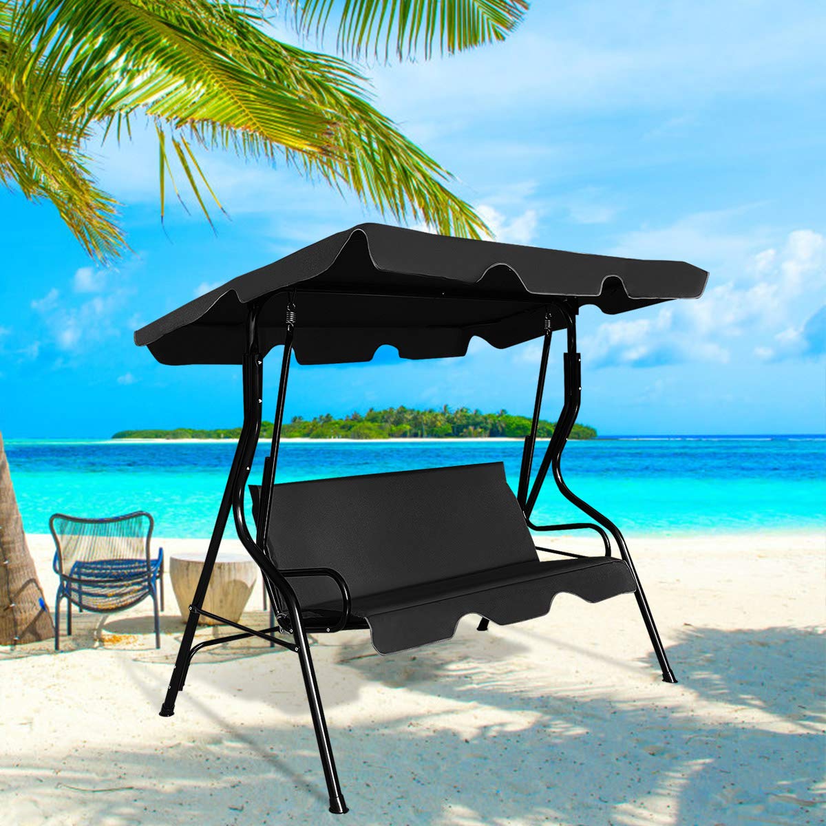 GYMAX Dondolo a 3 Posti in Acciaio, Dondolo da Esterno con Tettuccio Inclinabile e Resistente al Sole, Ideale per Giardino, Cortile e Terrazzo, 172 x 110 x 154 cm, con Portata di 240 kg (nero)