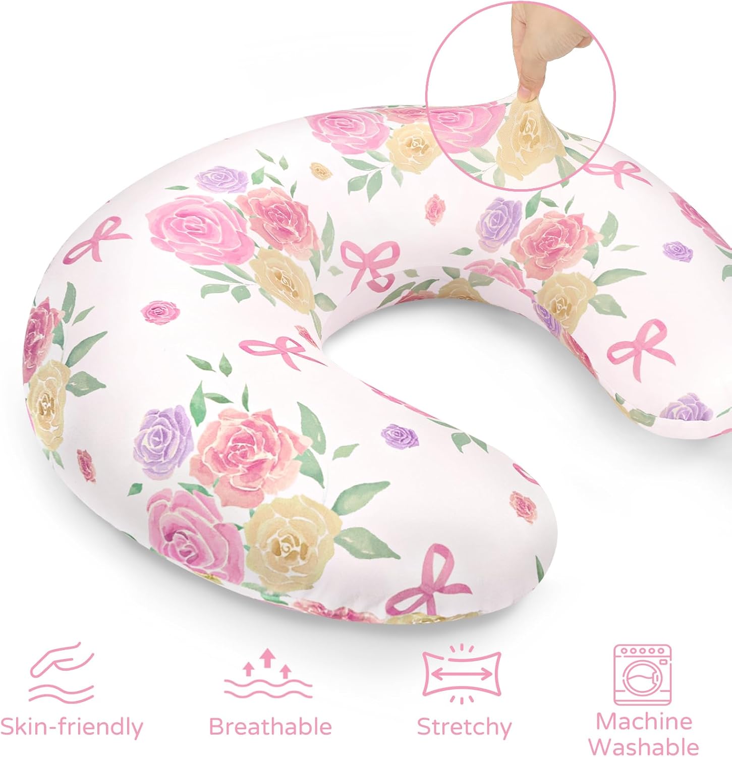 Nursing Pillow Cover, Floral Breastfeeding Pillow Cover for Baby Girls Boys, Soft Stretchy Nursing Pillowcase for Infant Newborn, Removable Slipcover for Nursing Pillows, Pink Rose(Only Cover) - Image 4