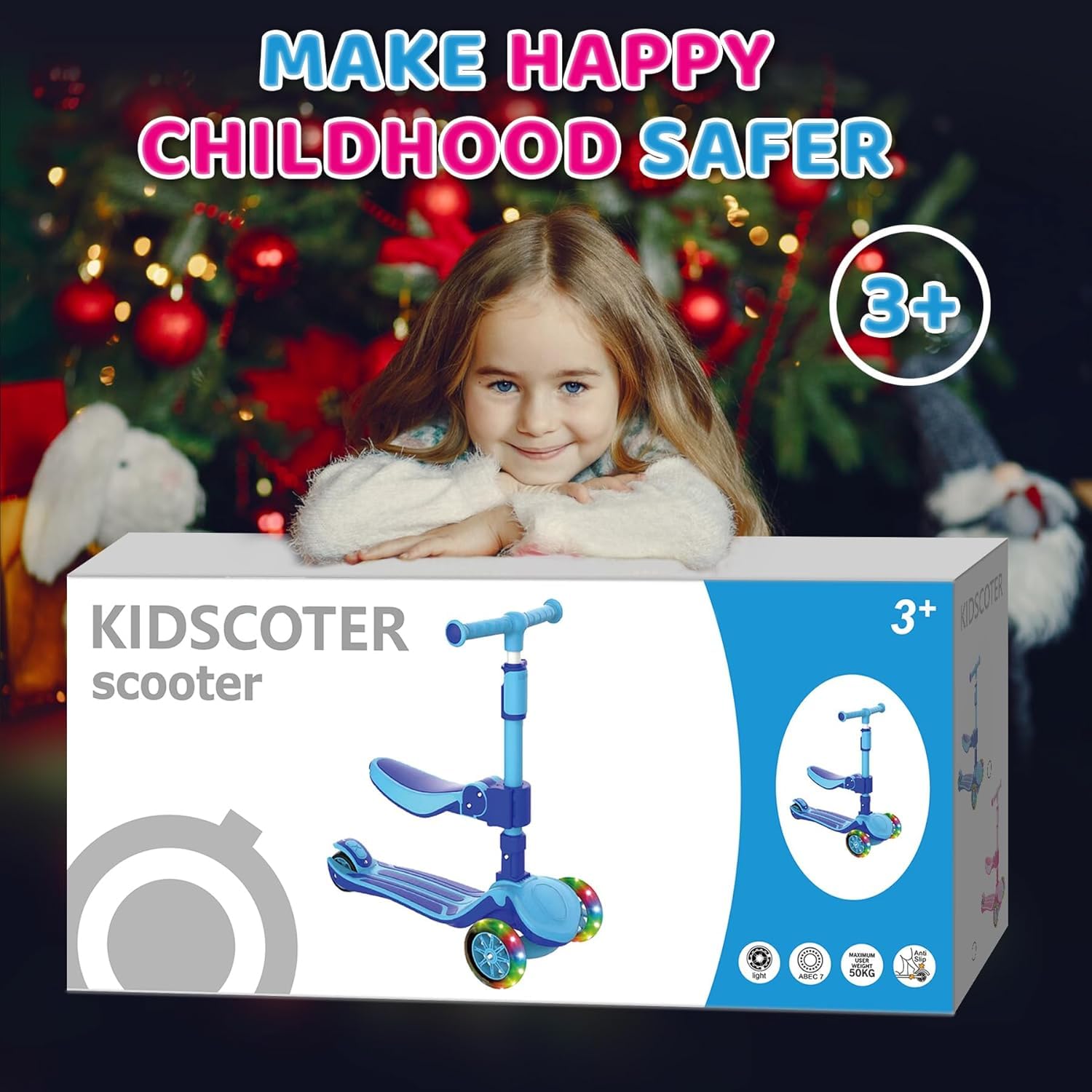 Monopattino regolabile 2 in 1, 3 – 12 anni, manubrio a 5 livelli, sedile rimovibile, ruote a LED, pieghevole, rosa (ragazze e ragazzi) nero