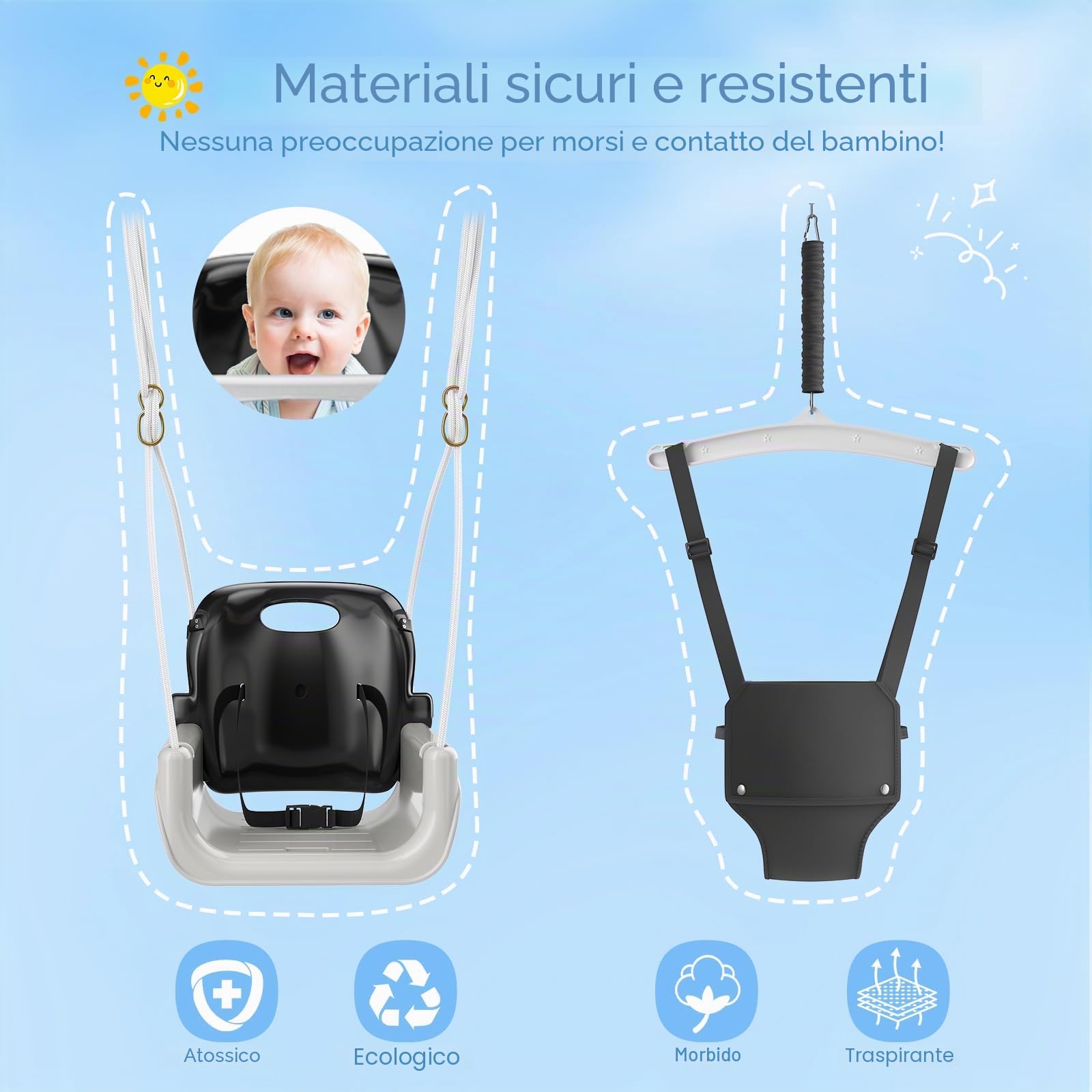 4-in-1altalena da giardino per bambini, Altalene Saltare Su per Bambini per Giochi, Supporto Metallo Pieghevole, Sedili Rimovibili Alta Qualità, 18 Mesi-6 Anni