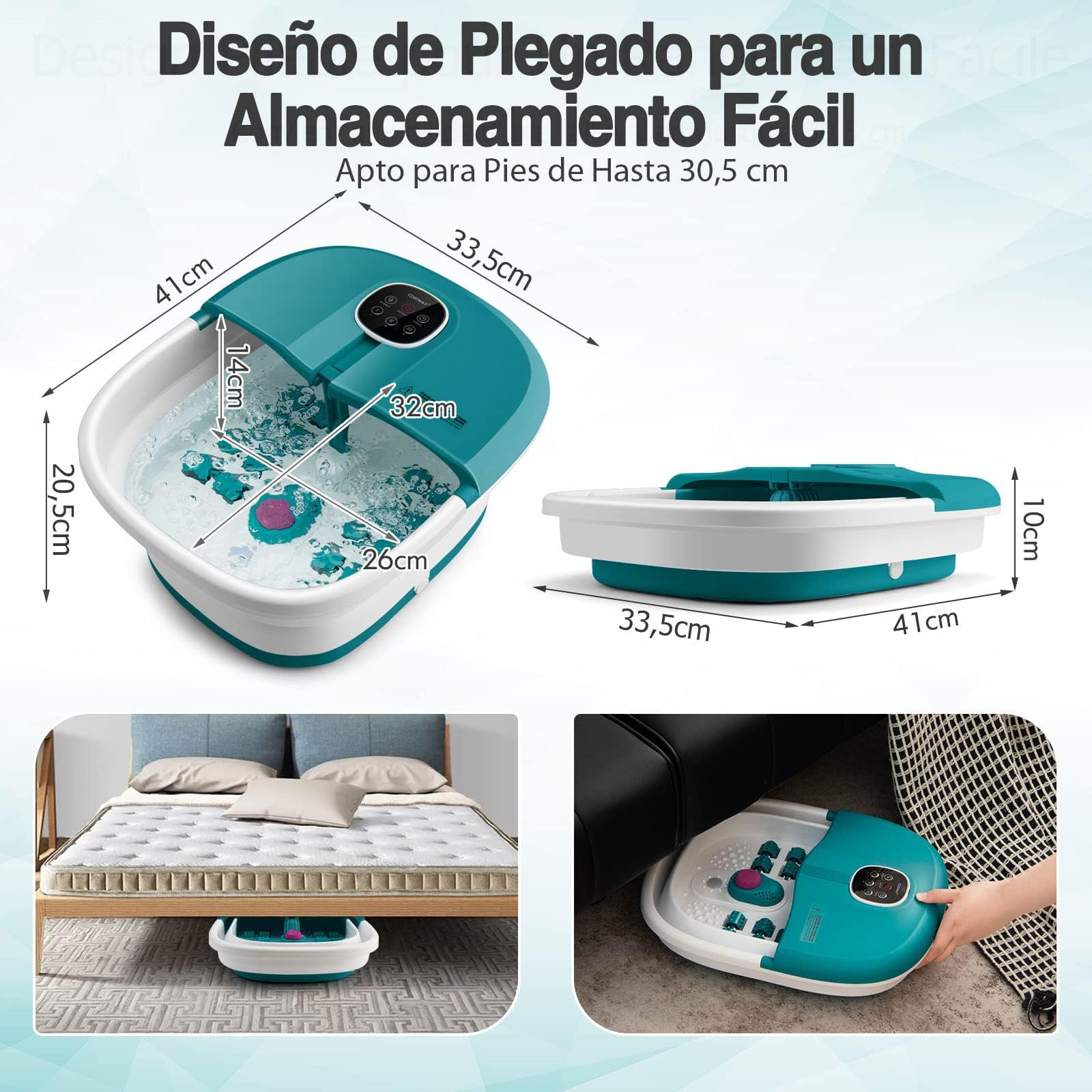 COSTWAY Masajeador Plegable para Pies con Calentamiento, Cubeta Pediluvio con Mando, Masaje con Burbujas, Masaje con Rodillo, Caja, Piedra Pómez y 3 Temperaturas Regulables (turquesa)