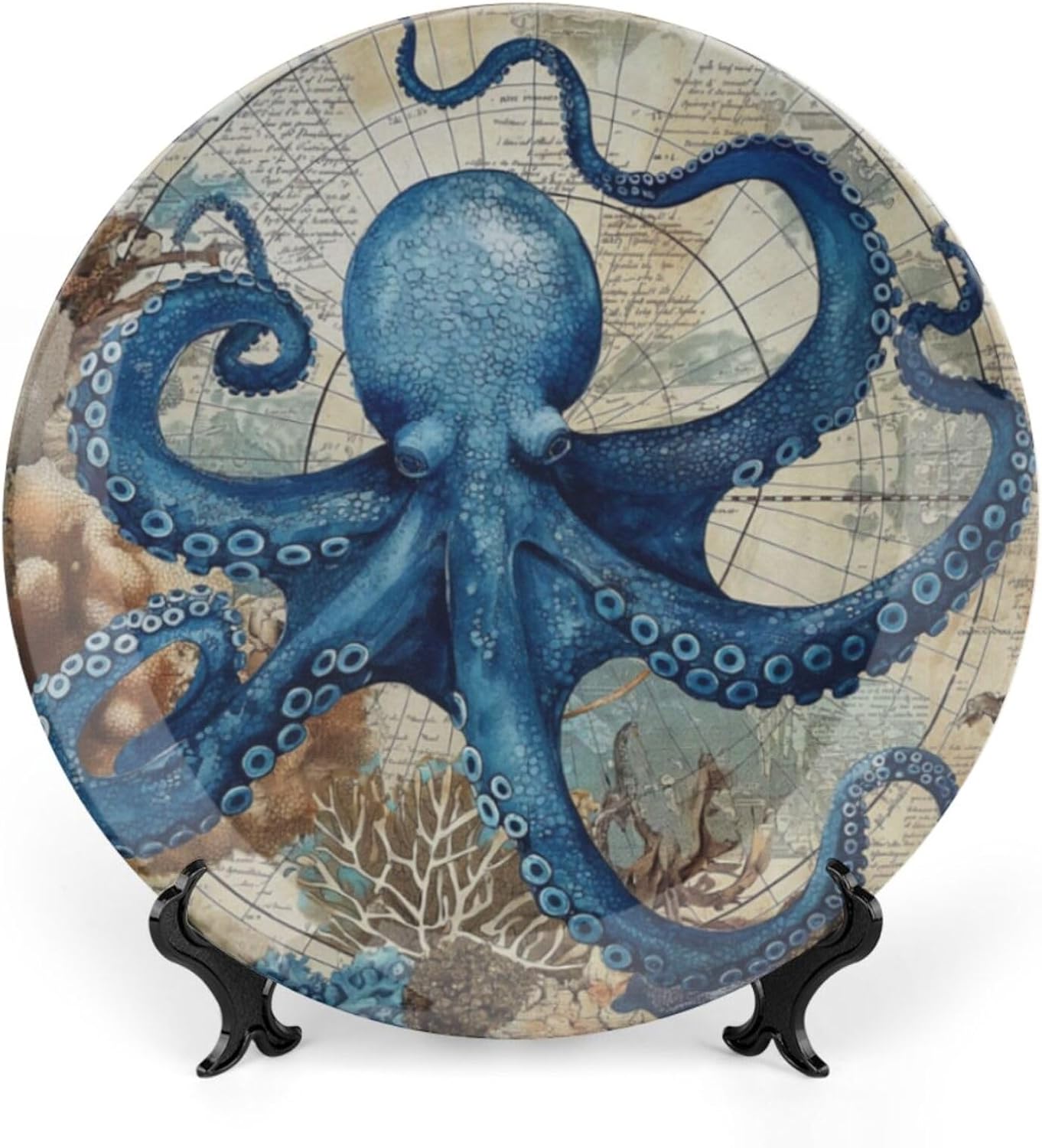 Nautical underwater theme Decorative Ceramic Plate Round Porcelain Plate,Retro marine life turtle pattern,for Decorative Ornaments Giving Plates, 1 Plate with 1 Display Stand,Blue turquoise,10 inch