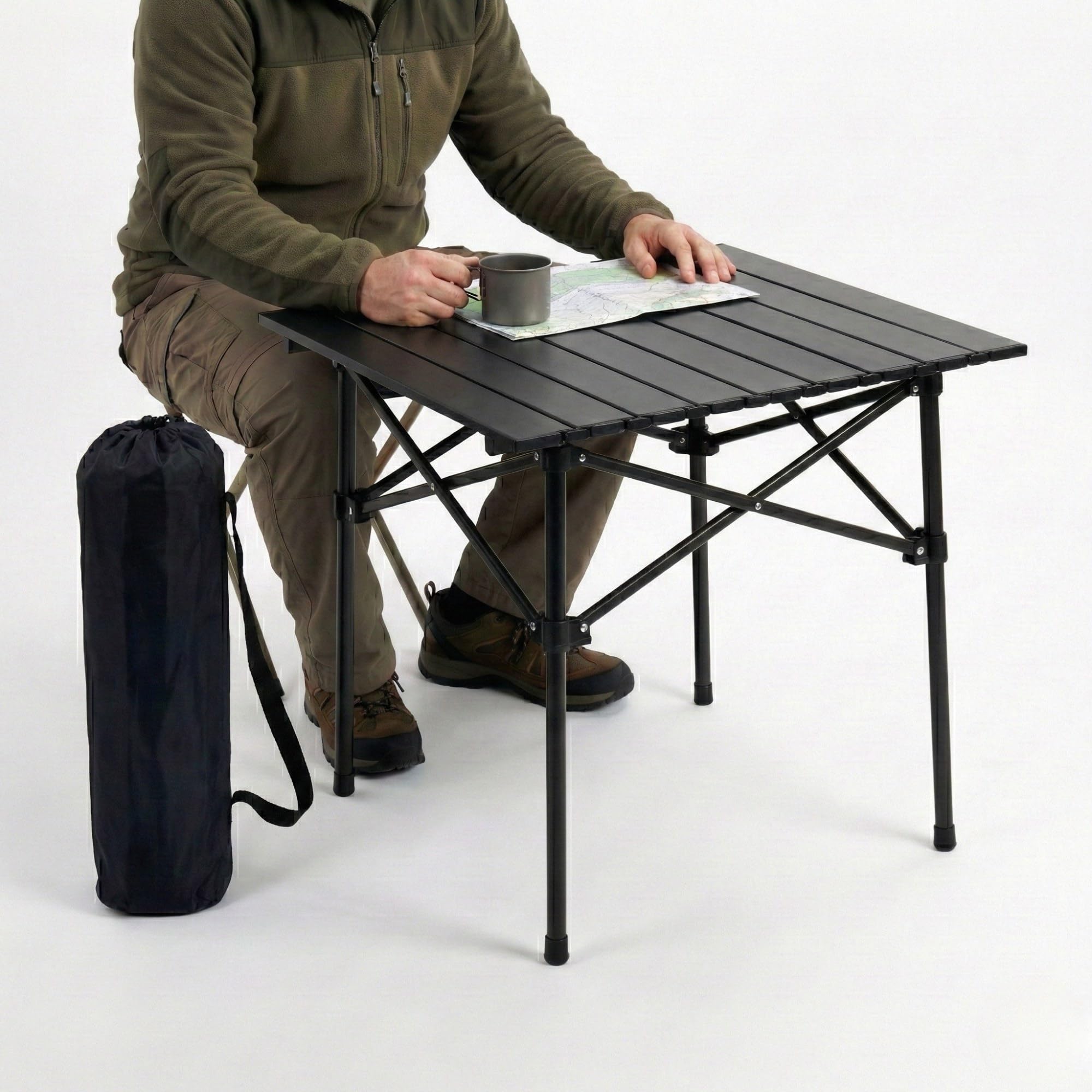 kraptick portable metal folding camping table with roll-up tabletop lightweight outdoor table with carry bag compact & durable folding table for camping, picnic, garden, beach & travel use (black)