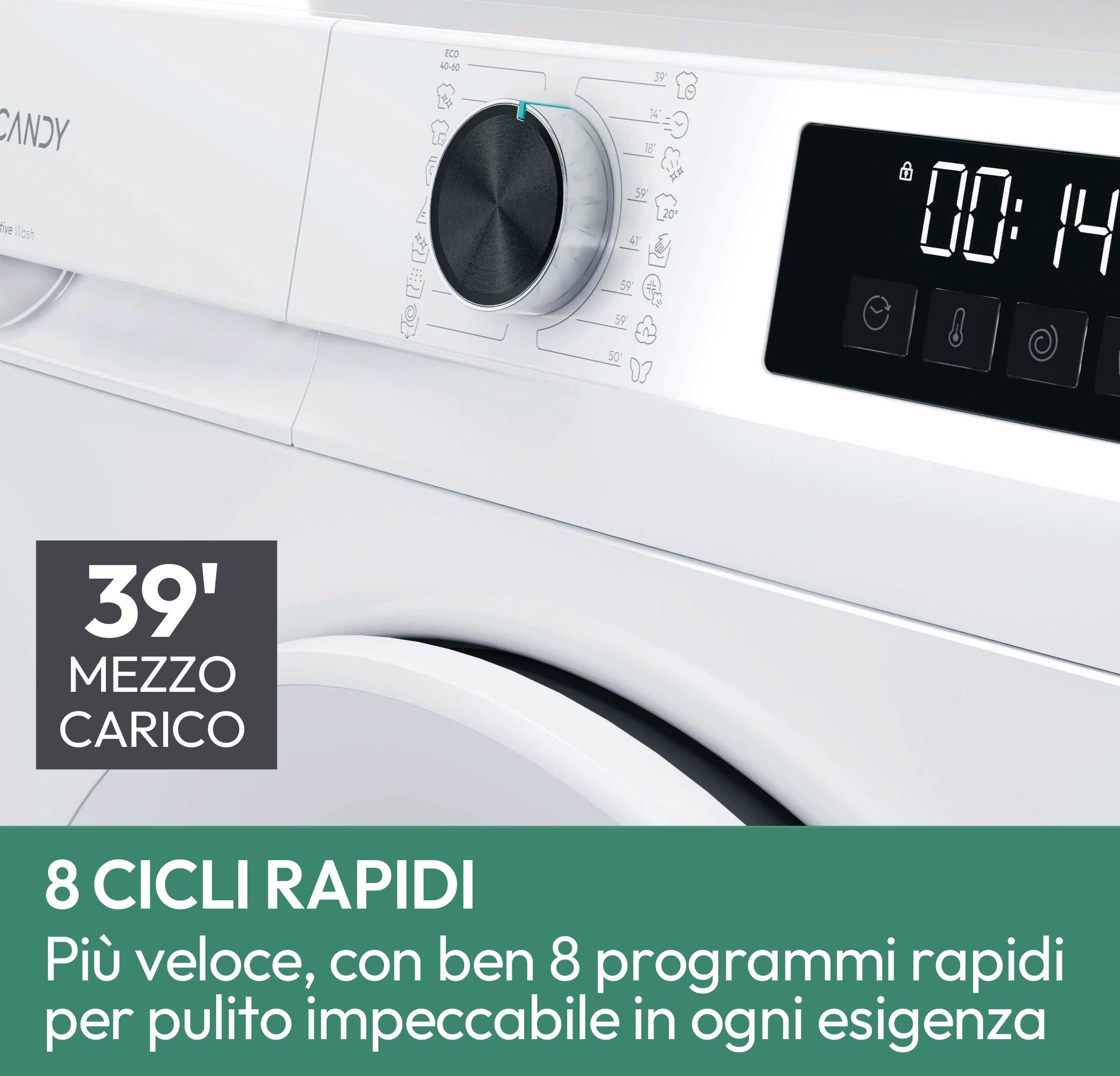 Candy ProWash 300 Lavatrice 9 Kg, 1400 Giri, Classe A -20% Più Efficiente, Vapore, Programmi Rapidi 14-59 Min, Motore Inverter BPM, 85 x 59,5 x 60,1 cm (A x L x P), Bianca, GD 498-S