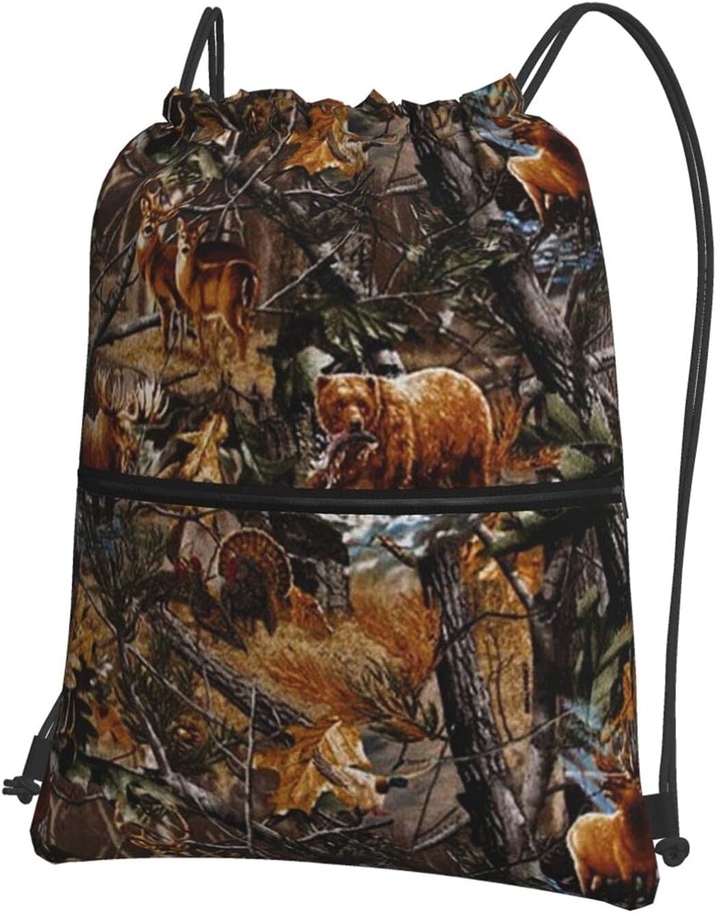Camo Tree Drawstring Backpack Bag with 2 Zipper Pockets Large Waterproof String Bag Heavy Duty Gym Travel Sport Sackpack for Men Women Teens