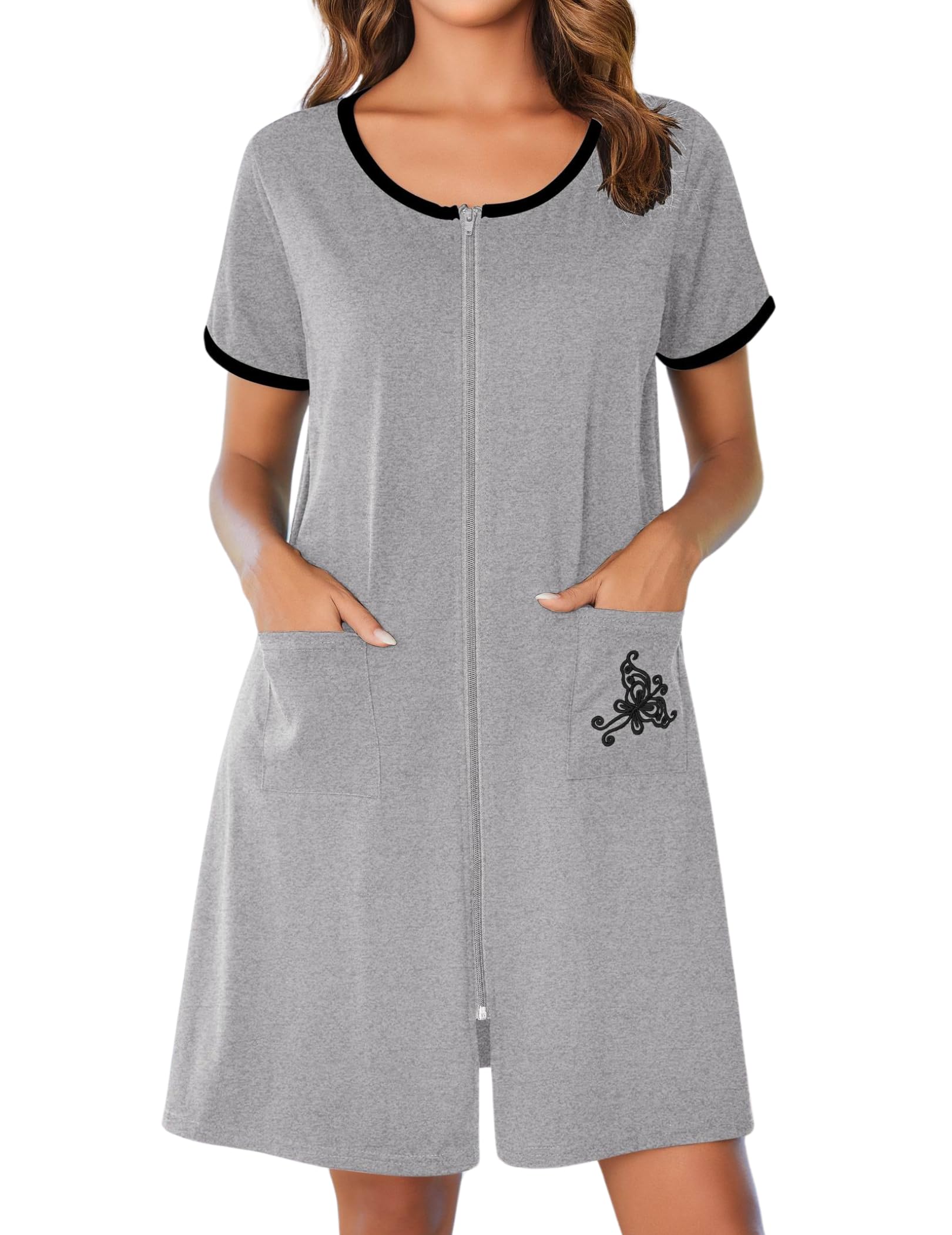 Ekouaer Zip Up Robes for Women Short Sleeves Zipper House Coat Short Bathrobes Lightweight Nightgown with Pockets S-3XL