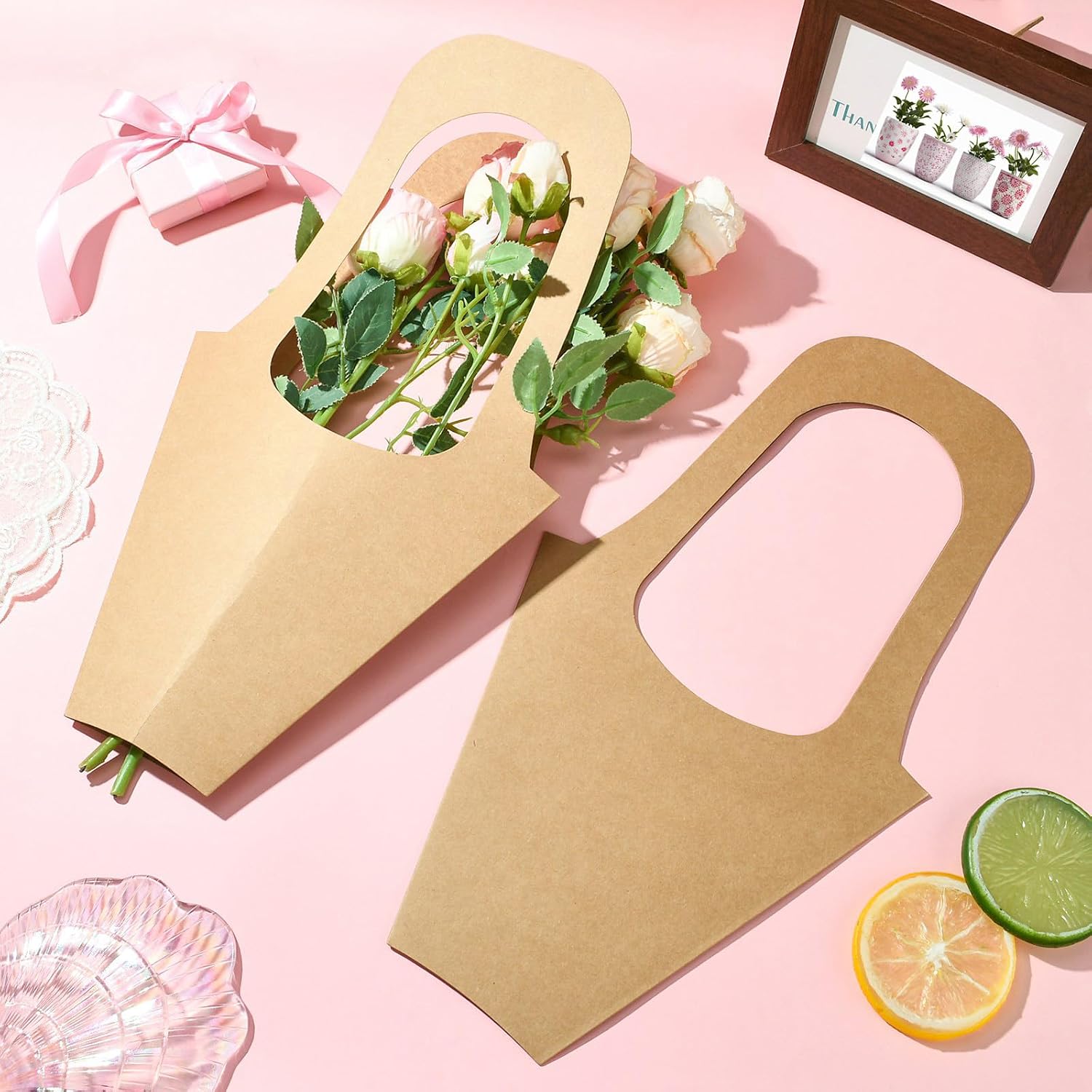 Ipotkitt 10 pcs Brown Bouquet Wrapping Bags Kraft Paper Floral Bags with Handle Flower Packaging Supplies for DIY Arrangement Florist Shop Wedding Graduation Party Ornaments