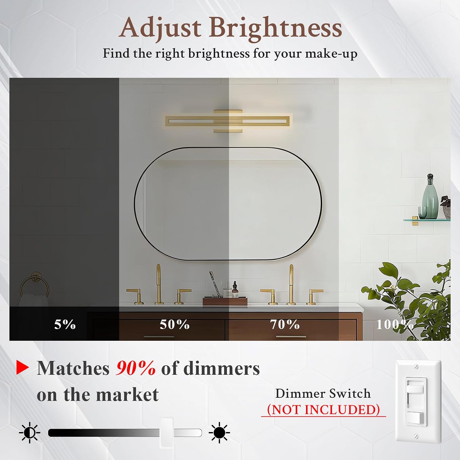 Modern LED Wall Sconce Gold Dimmable LED Vanity Lights Bathroom Lighting Fixtures Over Mirror Long Wall Light for Bathroom Dining Room, L24Inch 5CCT