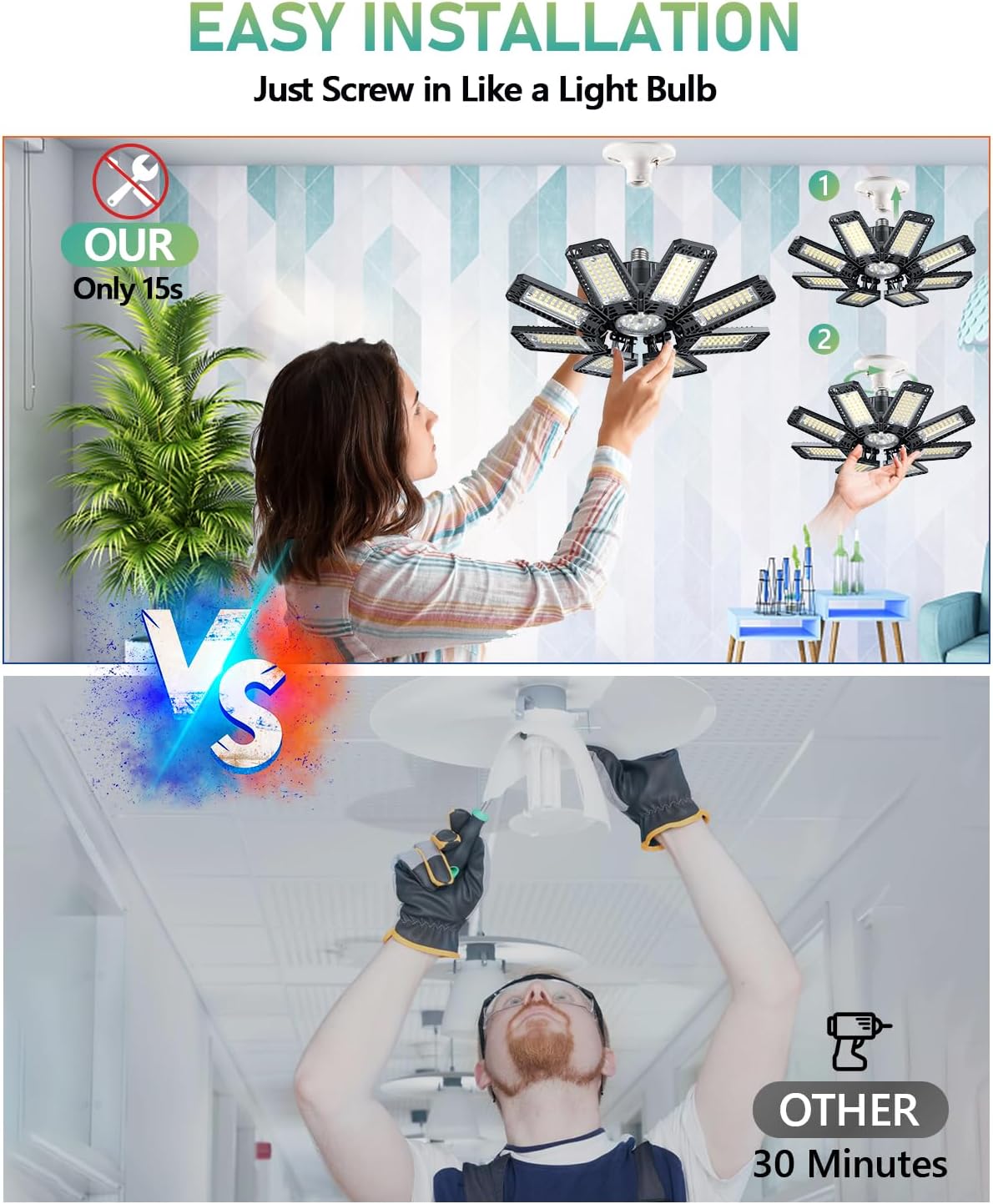 Garage Light - 240W 24000LM 6500K LED Garage Ceiling Lights with 8+1 Deformable Panels Support E26/E27 Screw in Light Fixture for Workshop, Basement (4)