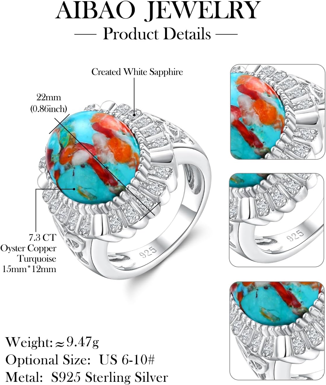 AIBAO 4-12 Ct Large Oval Engagement Rings for Women Natural Turquoise/Lapis Lazuli/Malachite Celtic/Infinity/Love Knot Halo Ring Size 6 to 10 Anniversary Christmas Valentines Gift